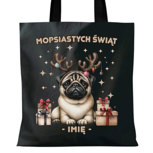 Torba świąteczna - Mops Mopsiastych świąt - personalizowana BN91 - StoryCups.pl