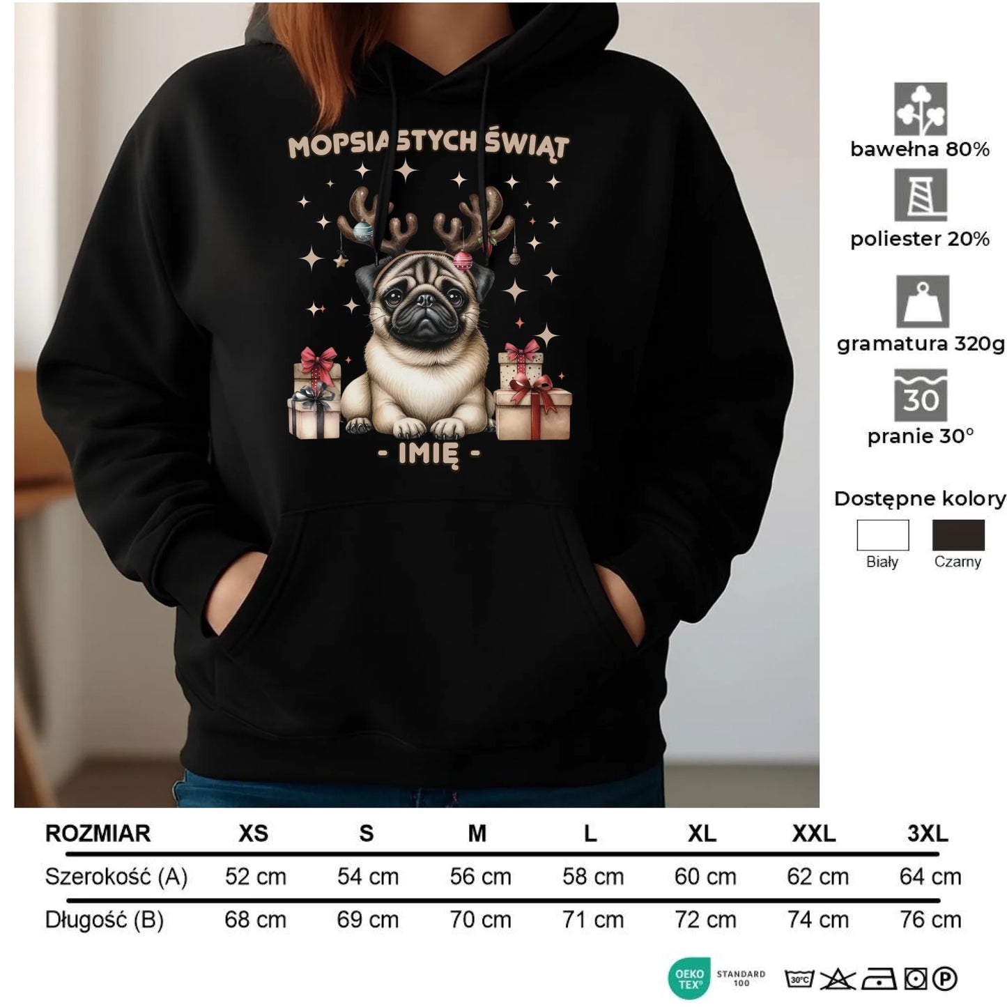 Bluza damska z kapturem świąteczna - Mops Mopsiastych świąt - personalizowana BN91 - StoryCups.pl