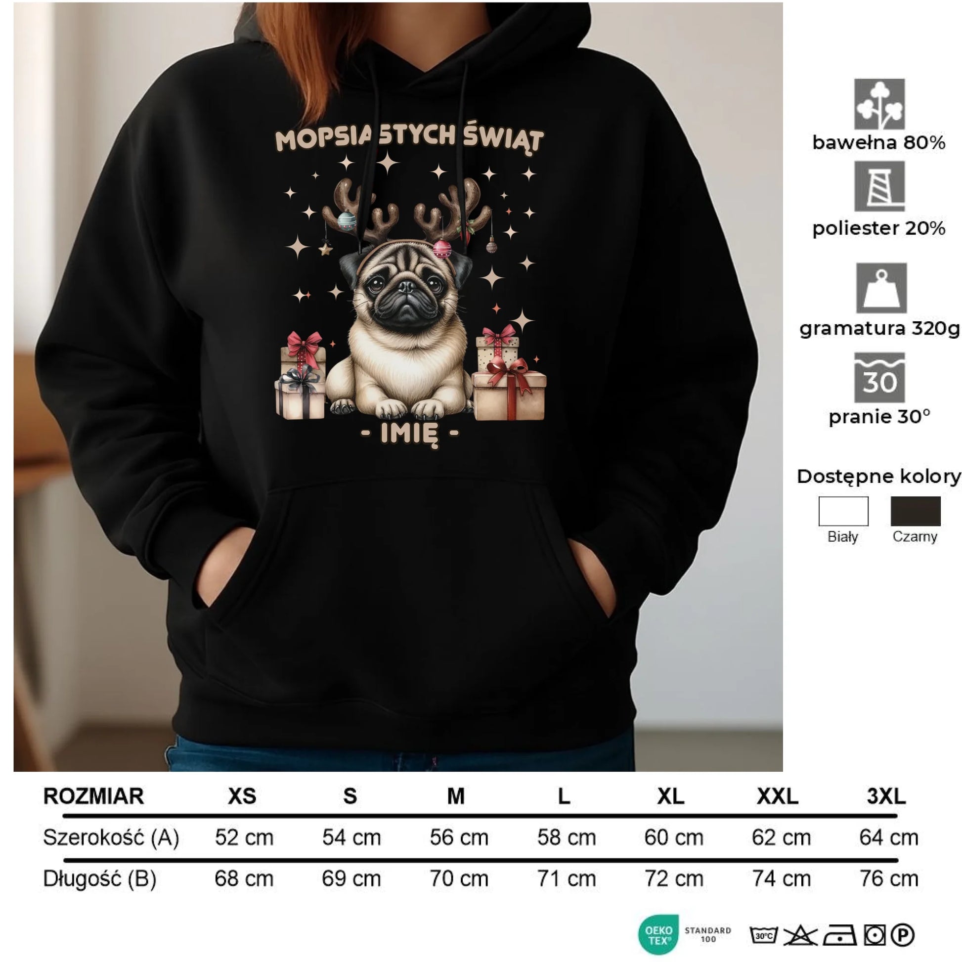 Bluza damska z kapturem świąteczna - Mops Mopsiastych świąt - personalizowana BN91 - StoryCups.pl