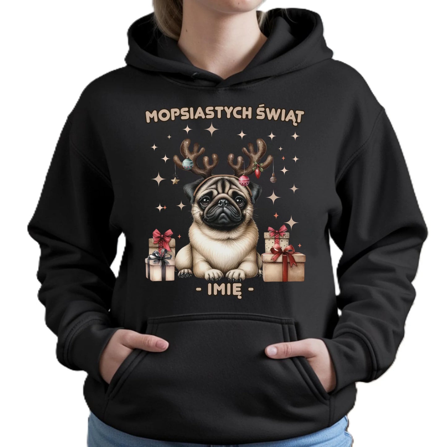 Bluza damska z kapturem świąteczna - Mops Mopsiastych świąt - personalizowana BN91 - StoryCups.pl