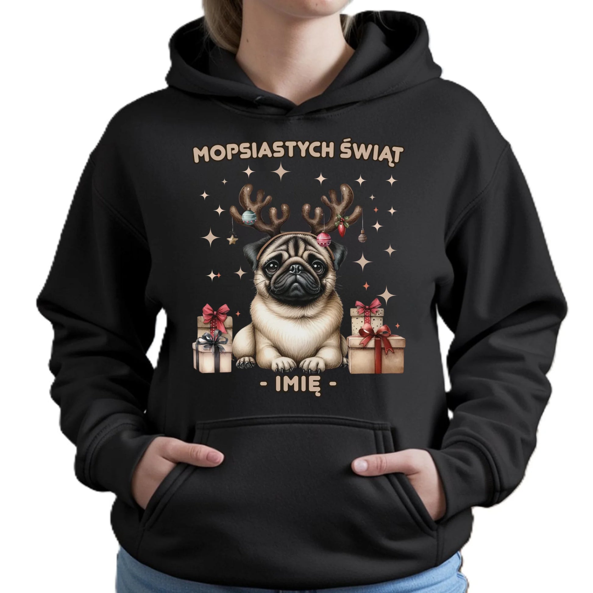 Bluza damska z kapturem świąteczna - Mops Mopsiastych świąt - personalizowana BN91 - StoryCups.pl