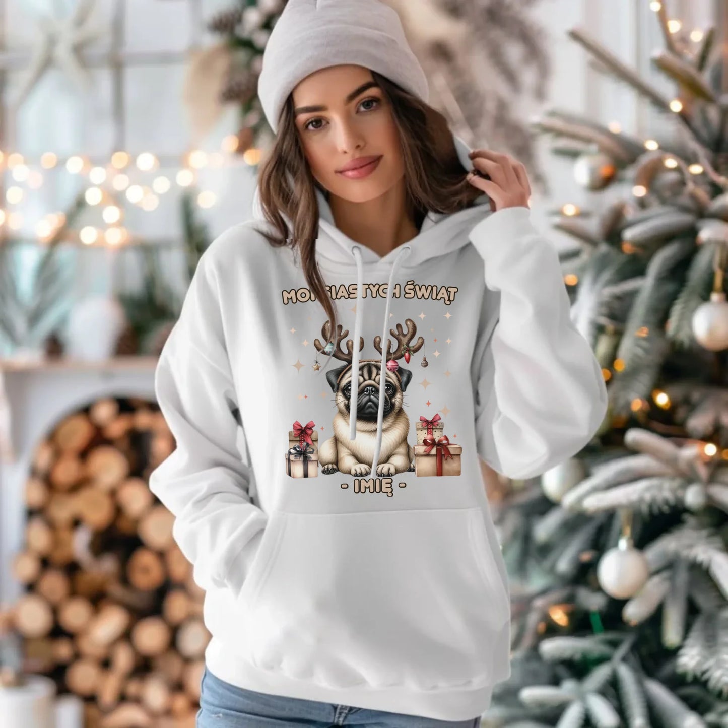 Bluza damska z kapturem świąteczna - Mops Mopsiastych świąt - personalizowana BN91 - StoryCups.pl