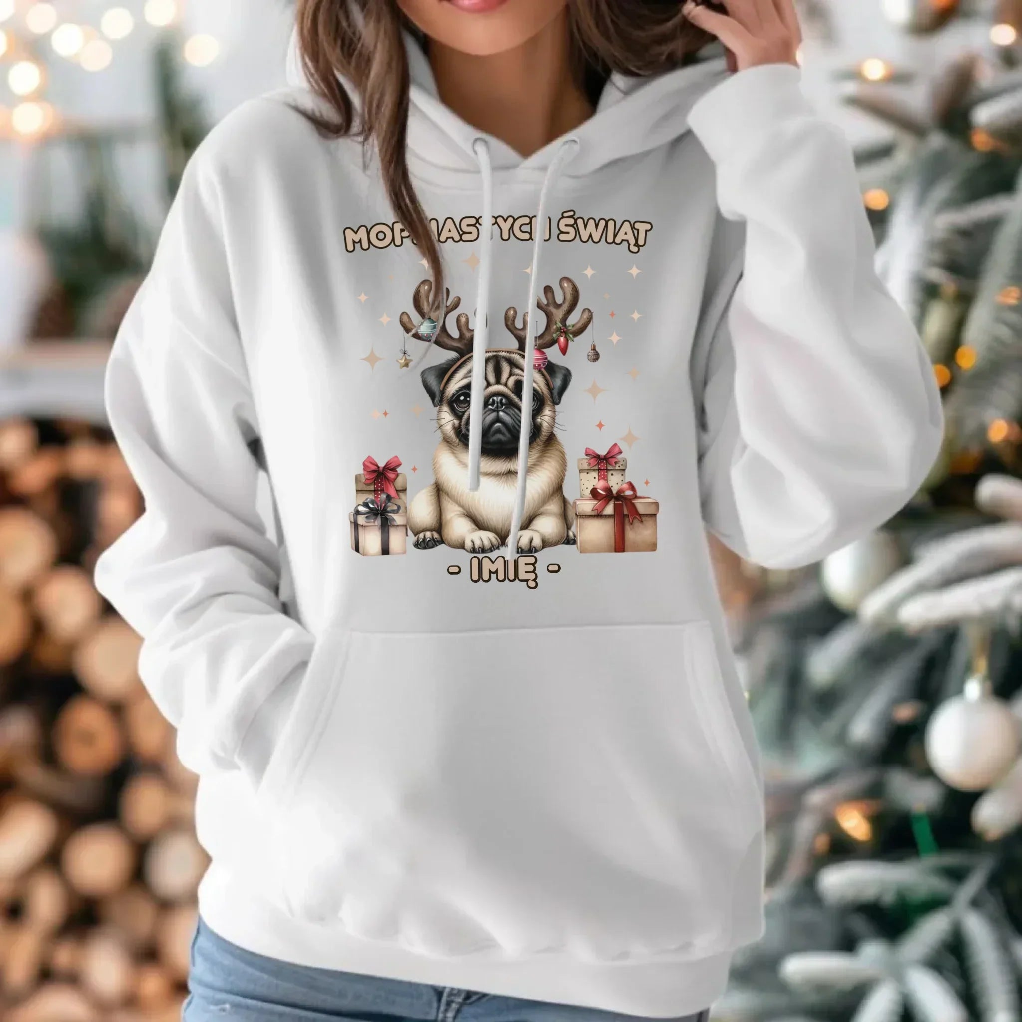 Bluza damska z kapturem świąteczna - Mops Mopsiastych świąt - personalizowana BN91 - StoryCups.pl