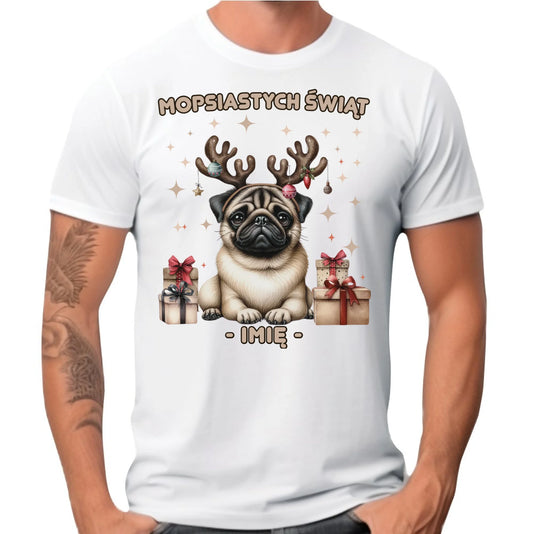 Koszulka męska świąteczna - Mops Mopsiastych świąt - personalizowana BN91 - StoryCups.pl