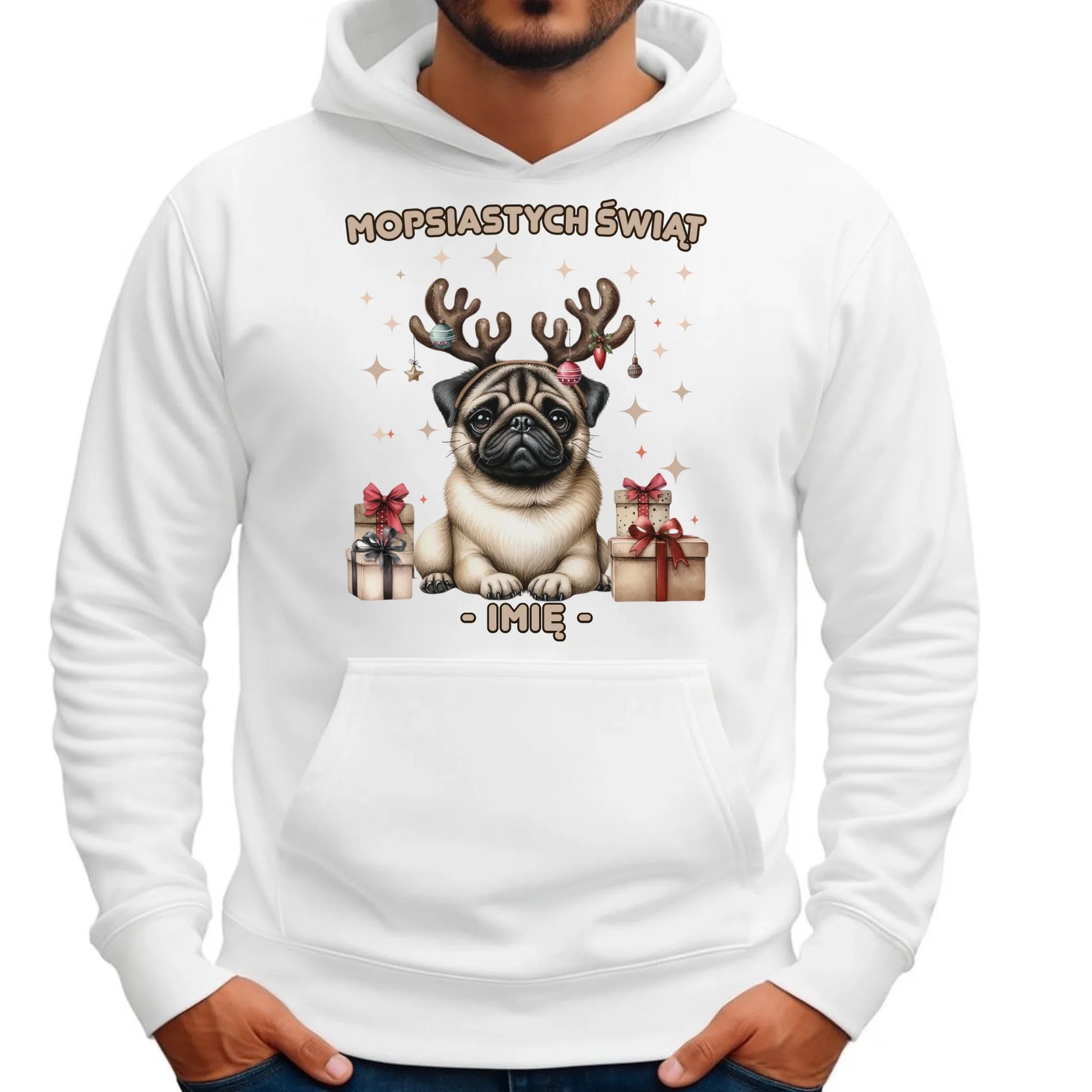Bluza męska z kapturem świąteczna - Mops Mopsiastych świąt - personalizowana BN91 - StoryCups.pl