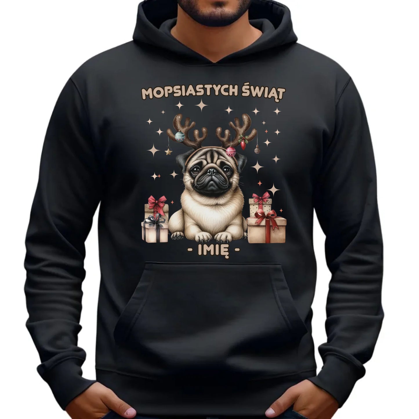 Bluza męska z kapturem świąteczna - Mops Mopsiastych świąt - personalizowana BN91 - StoryCups.pl