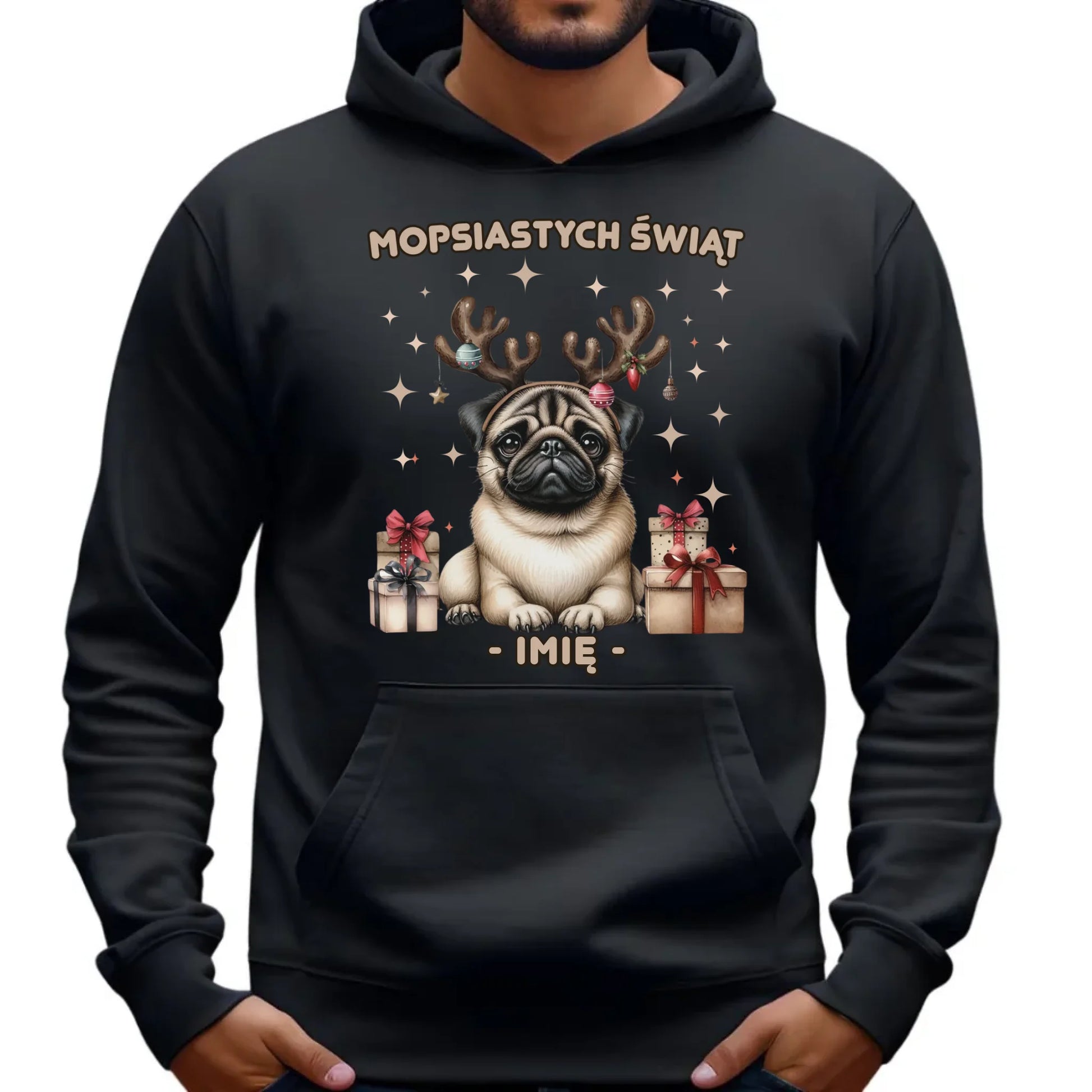 Bluza męska z kapturem świąteczna - Mops Mopsiastych świąt - personalizowana BN91 - StoryCups.pl