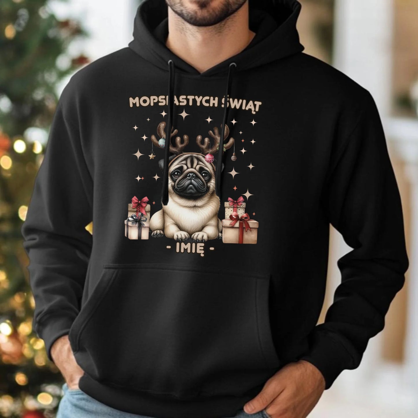 Bluza męska z kapturem świąteczna - Mops Mopsiastych świąt - personalizowana BN91 - StoryCups.pl