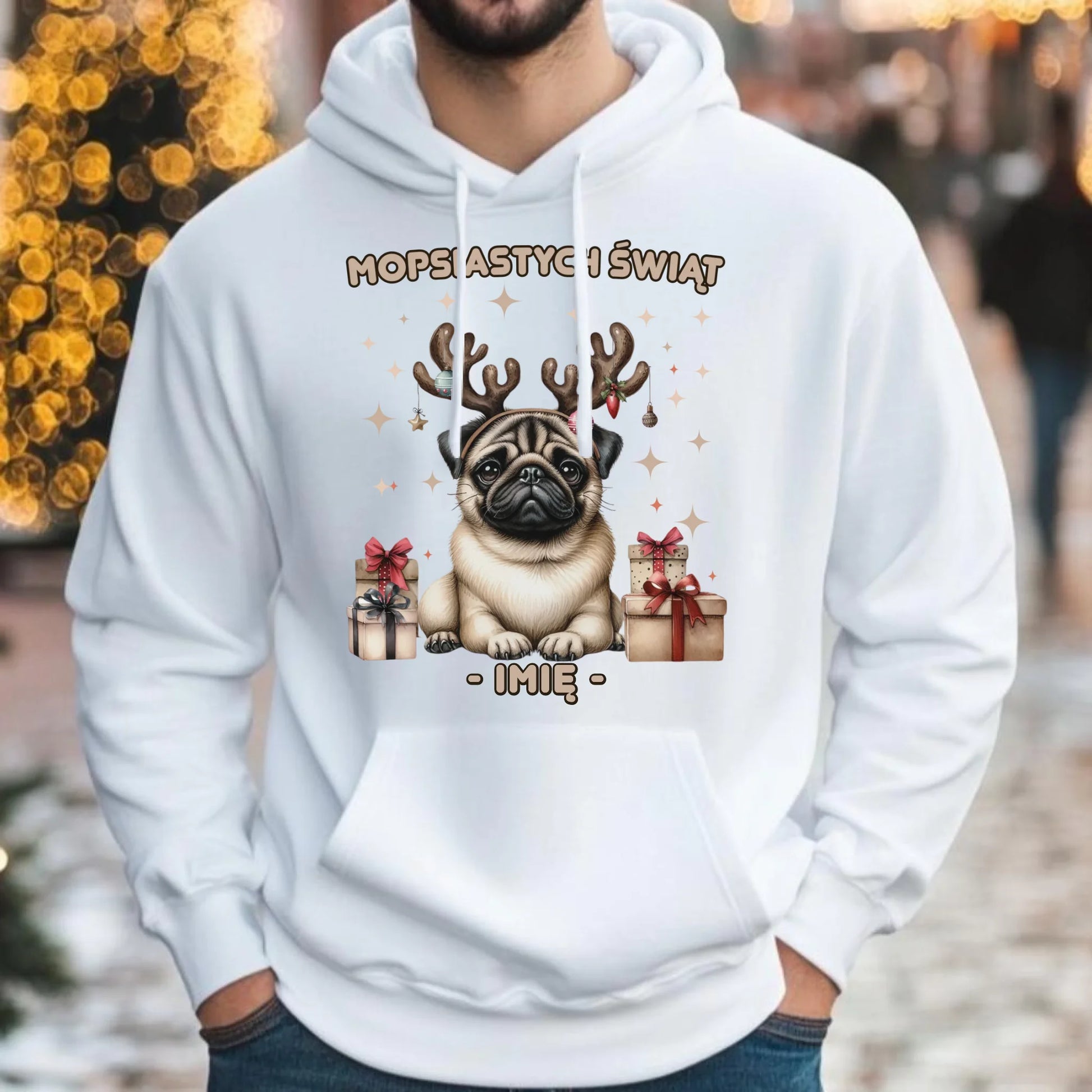 Bluza męska z kapturem świąteczna - Mops Mopsiastych świąt - personalizowana BN91 - StoryCups.pl