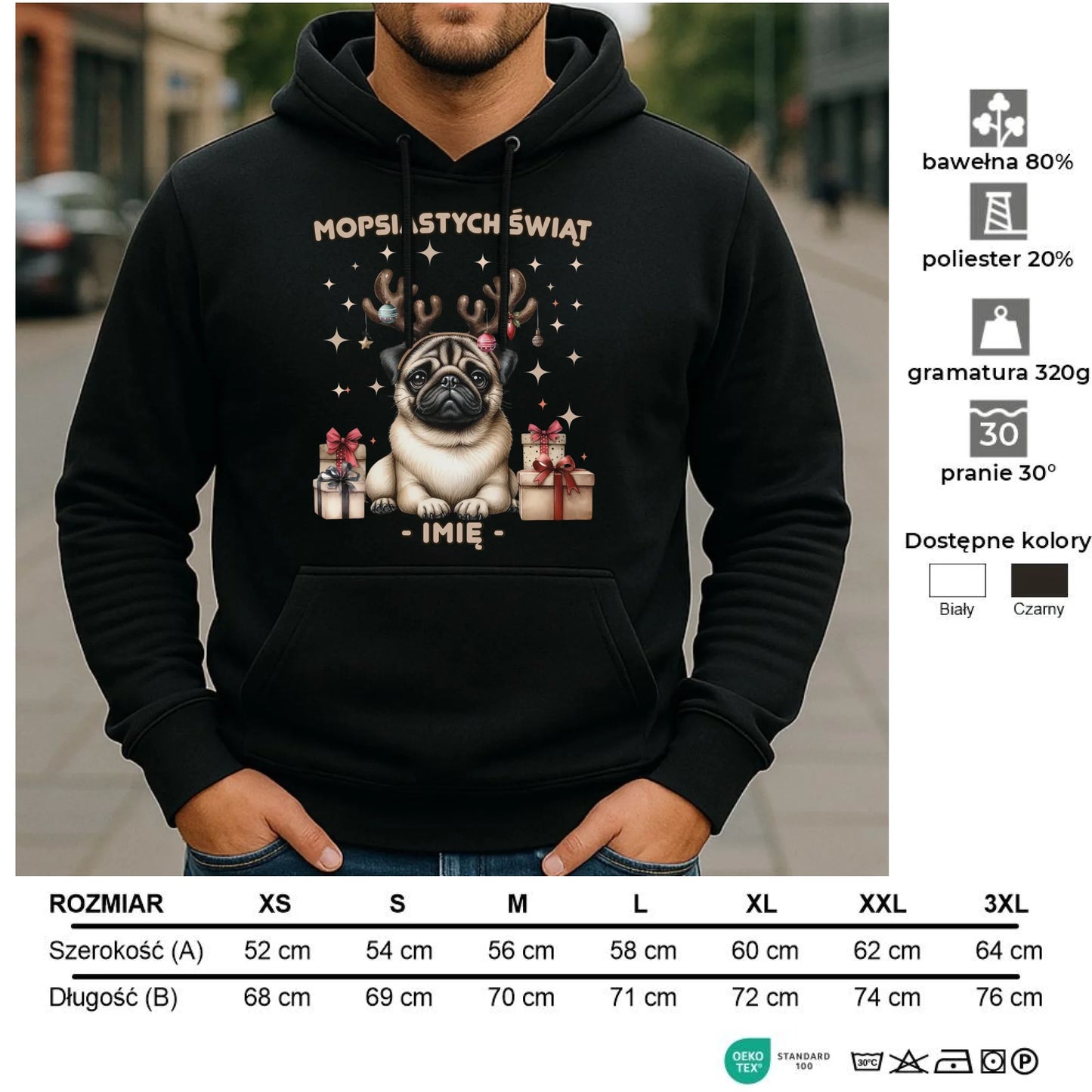 Bluza męska z kapturem świąteczna - Mops Mopsiastych świąt - personalizowana BN91 - StoryCups.pl