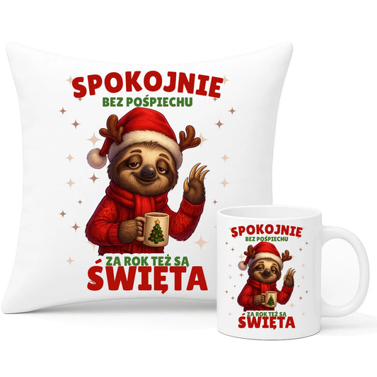 Zestaw poduszka i kubek świąteczny - Leniwiec Za rok też są święta BN92 - StoryCups.pl