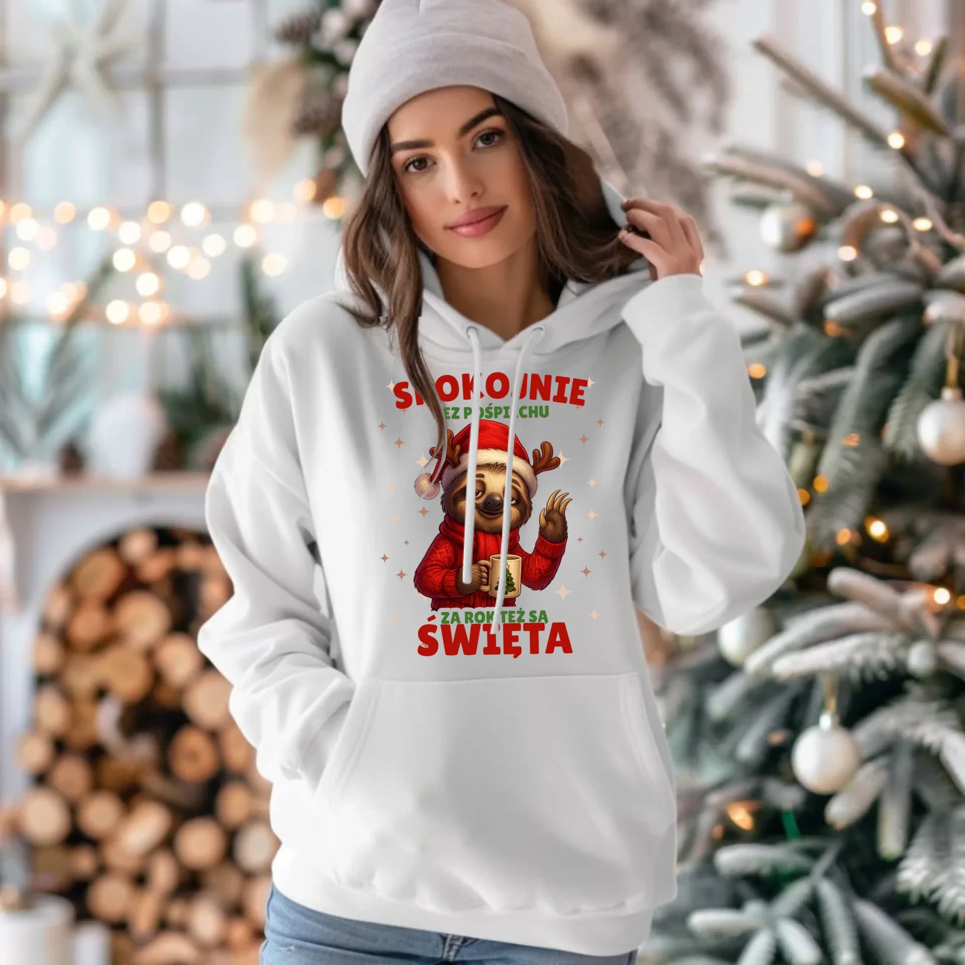 Bluza damska z kapturem świąteczna - Leniwiec Za rok też są święta BN92 - StoryCups.pl