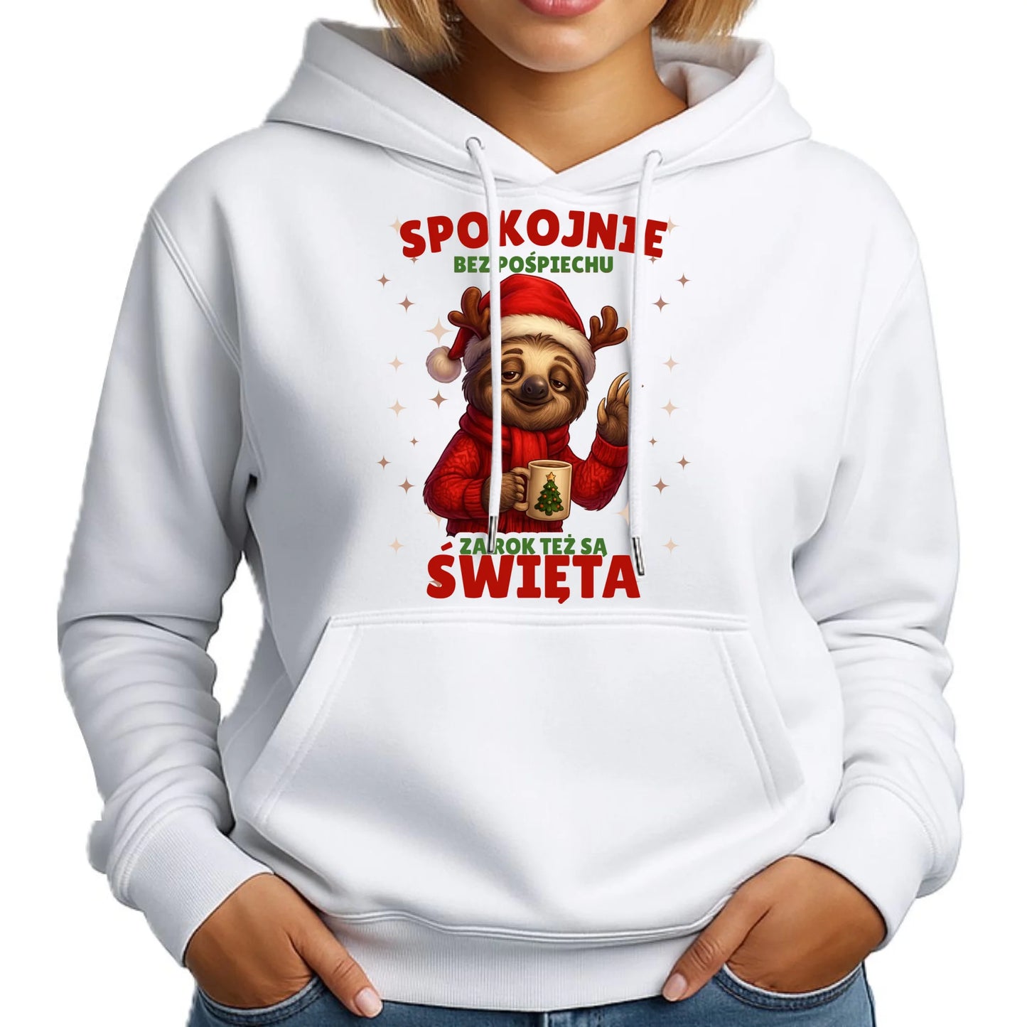 Bluza damska z kapturem świąteczna - Leniwiec Za rok też są święta BN92 - StoryCups.pl