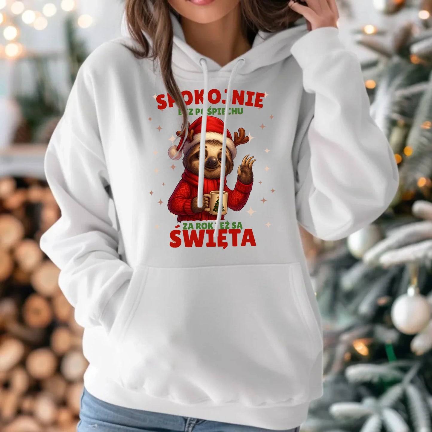 Bluza damska z kapturem świąteczna - Leniwiec Za rok też są święta BN92 - StoryCups.pl