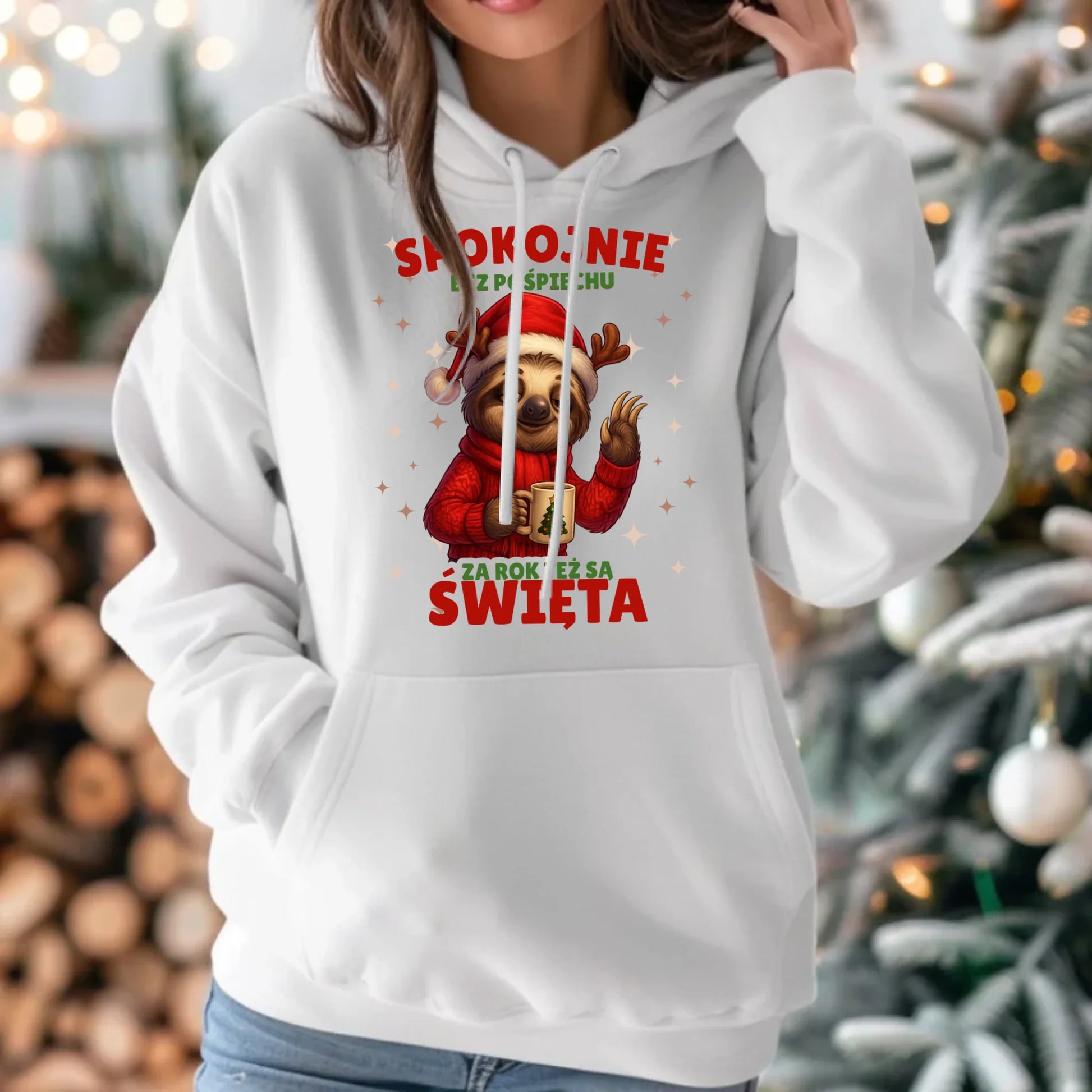 Bluza damska z kapturem świąteczna - Leniwiec Za rok też są święta BN92 - StoryCups.pl