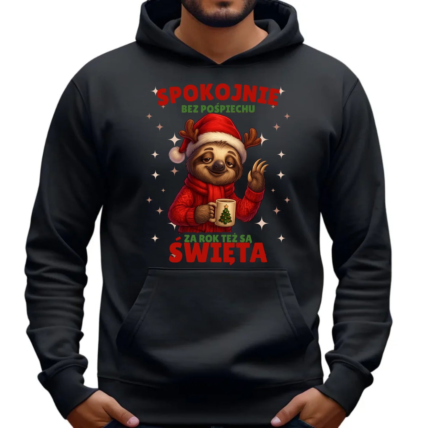 Bluza męska z kapturem świąteczna - Leniwiec Za rok też są święta BN92 - StoryCups.pl