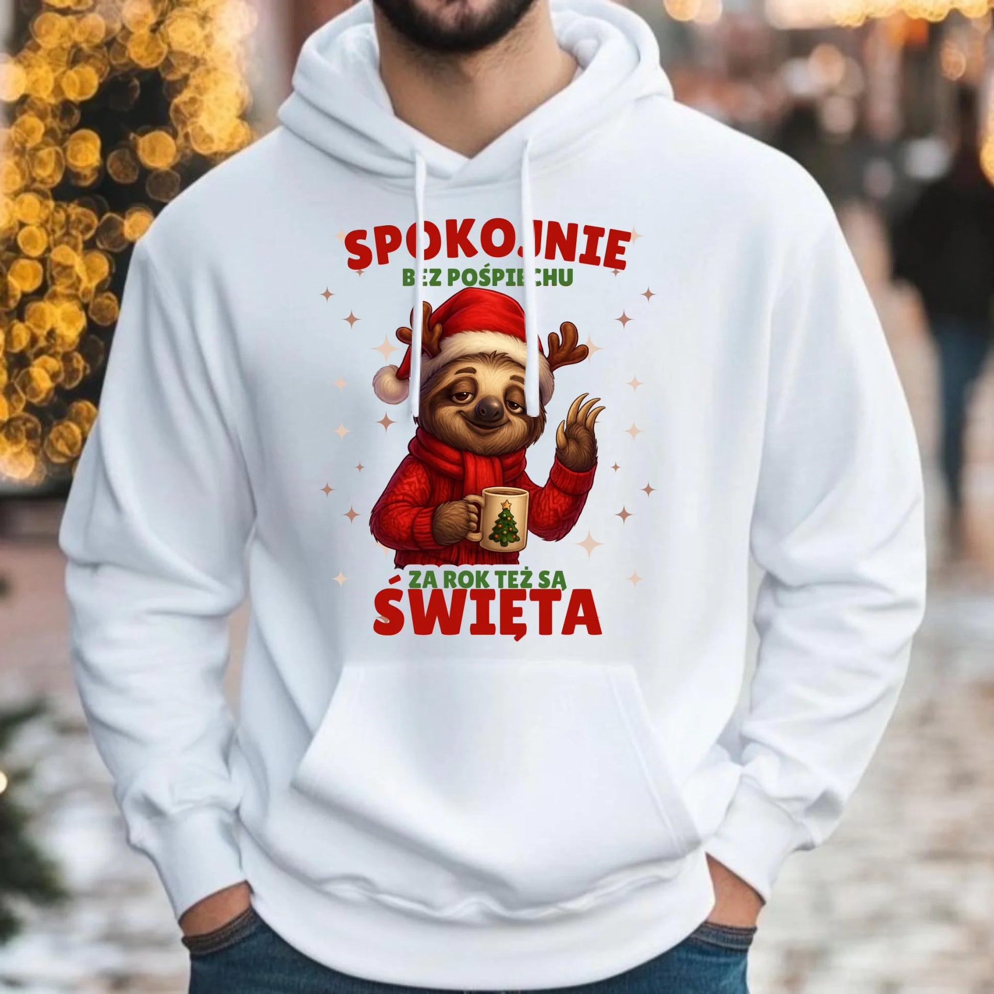 Bluza męska z kapturem świąteczna - Leniwiec Za rok też są święta BN92 - StoryCups.pl
