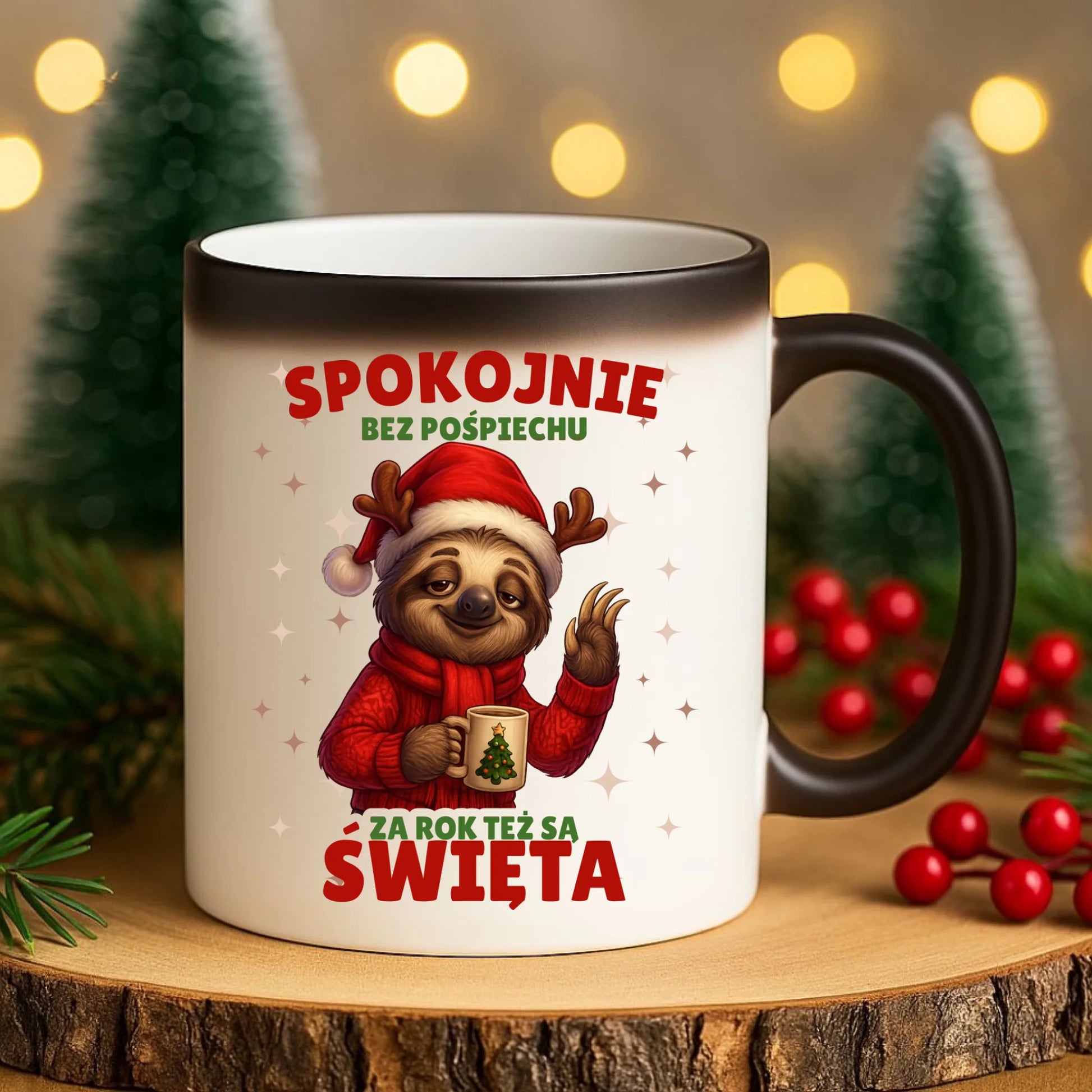 Kubek magiczny świąteczny - Leniwiec Za rok też są święta BN92 - StoryCups.pl