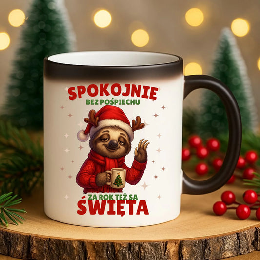 Kubek magiczny świąteczny - Leniwiec Za rok też są święta BN92 - StoryCups.pl