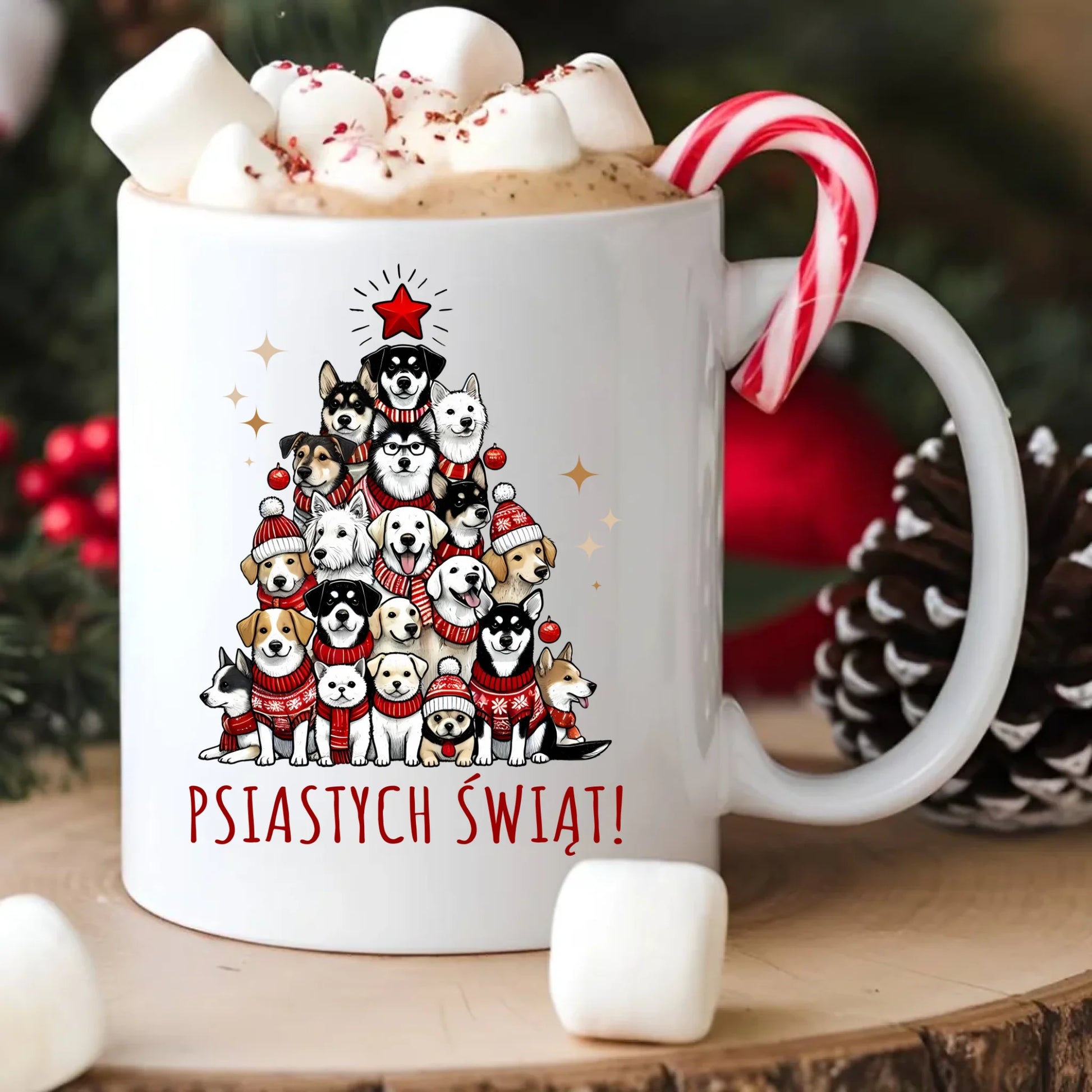 Kubek świąteczny - Psia choinka Psiastych Świąt BN90 - StoryCups.pl