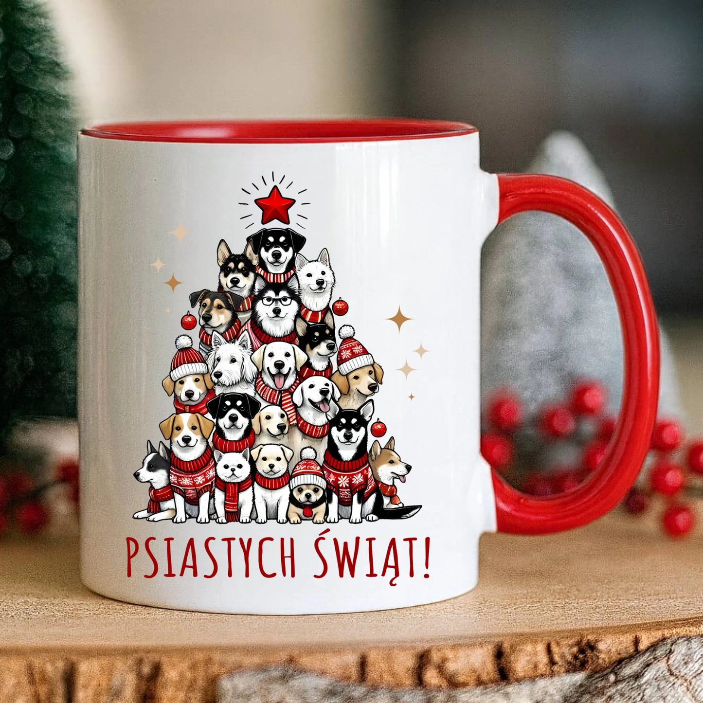 Kubek świąteczny - Psia choinka Psiastych Świąt BN90 - StoryCups.pl