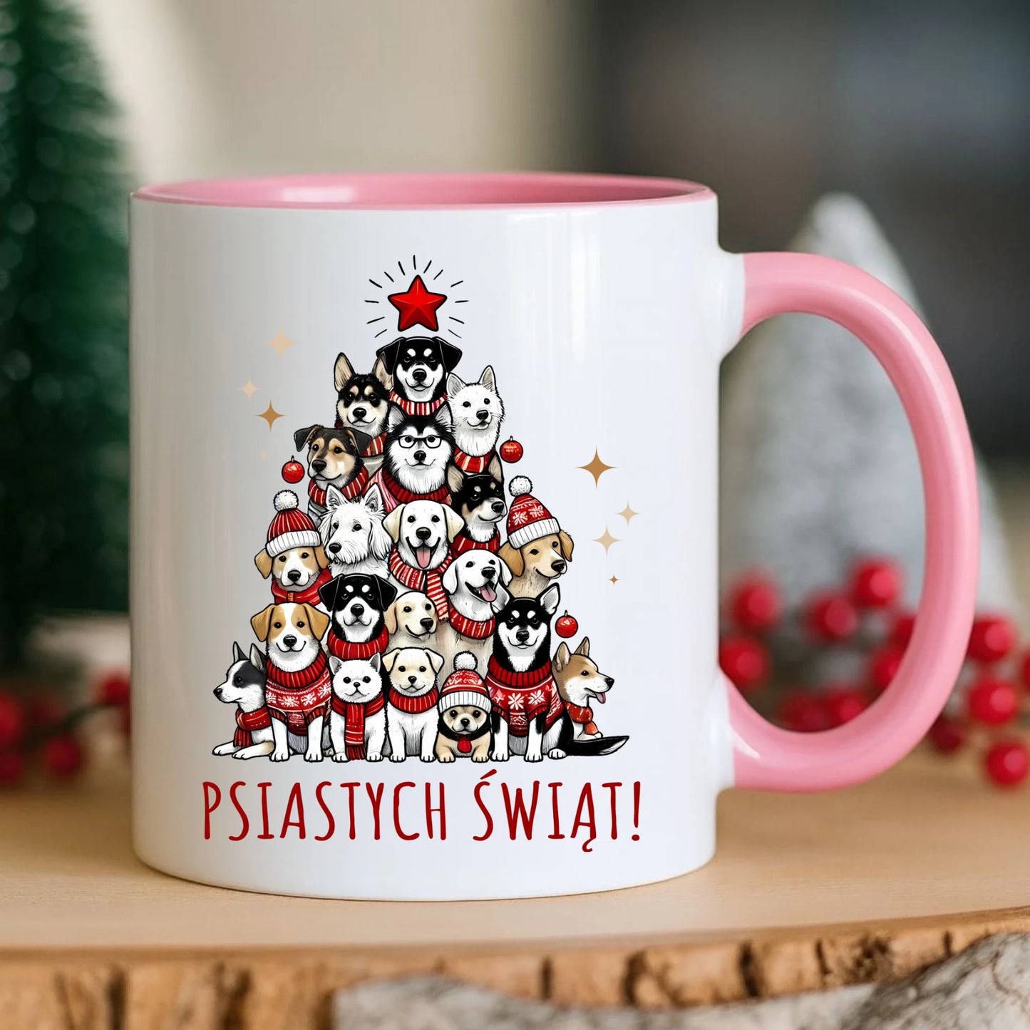 Kubek świąteczny - Psia choinka Psiastych Świąt BN90 - StoryCups.pl