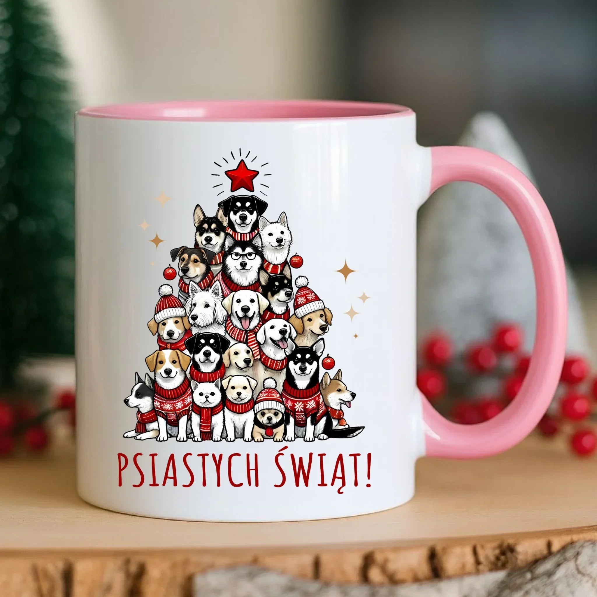 Kubek świąteczny - Psia choinka Psiastych Świąt BN90 - StoryCups.pl