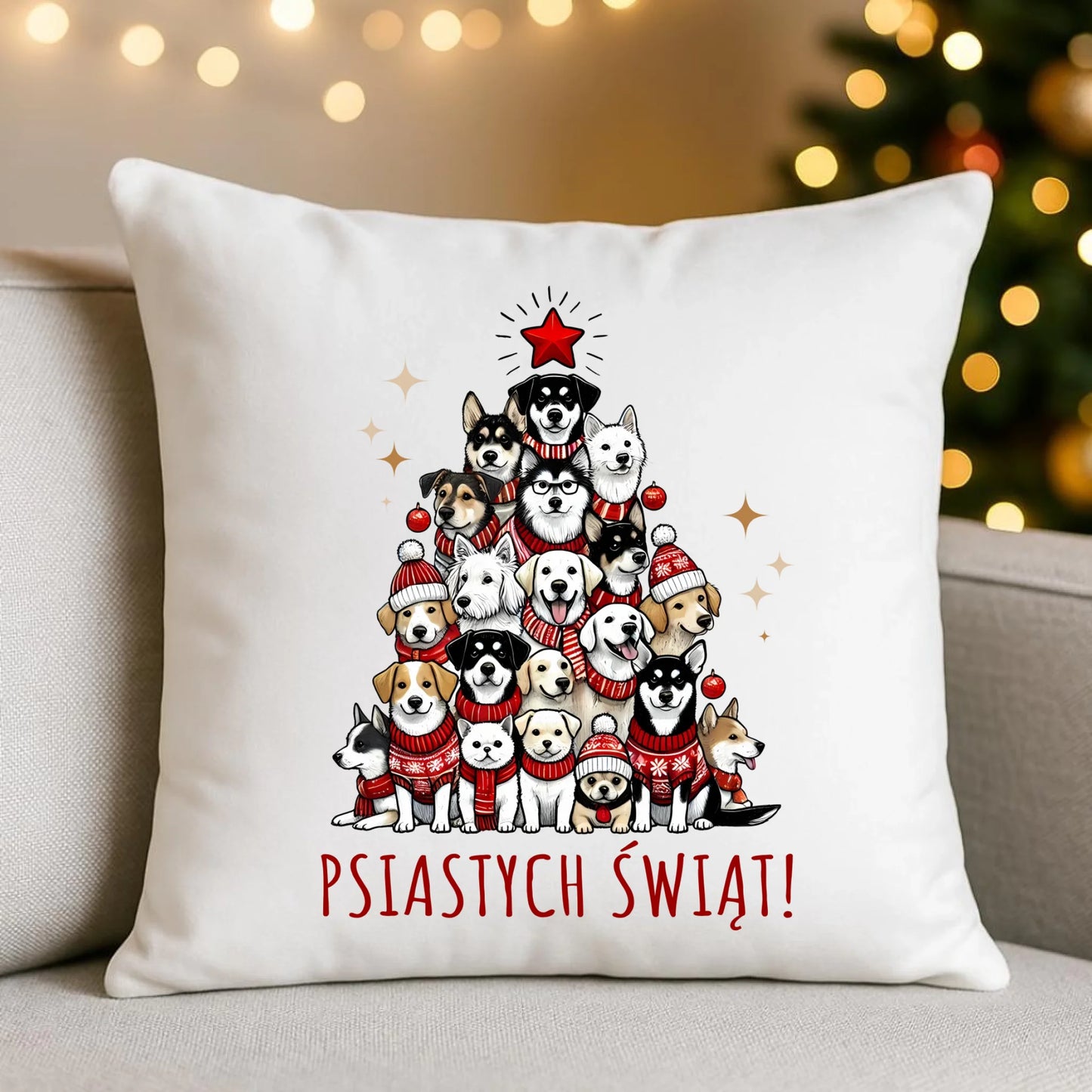 Poduszka świąteczna - Psia choinka Psiastych Świąt BN90 - StoryCups.pl