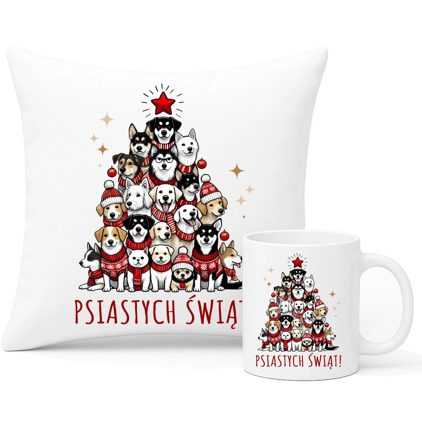 Zestaw poduszka i kubek świąteczny - Psia choinka Psiastych Świąt BN90 - StoryCups.pl