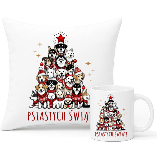 Zestaw poduszka i kubek świąteczny - Psia choinka Psiastych Świąt BN90 - StoryCups.pl