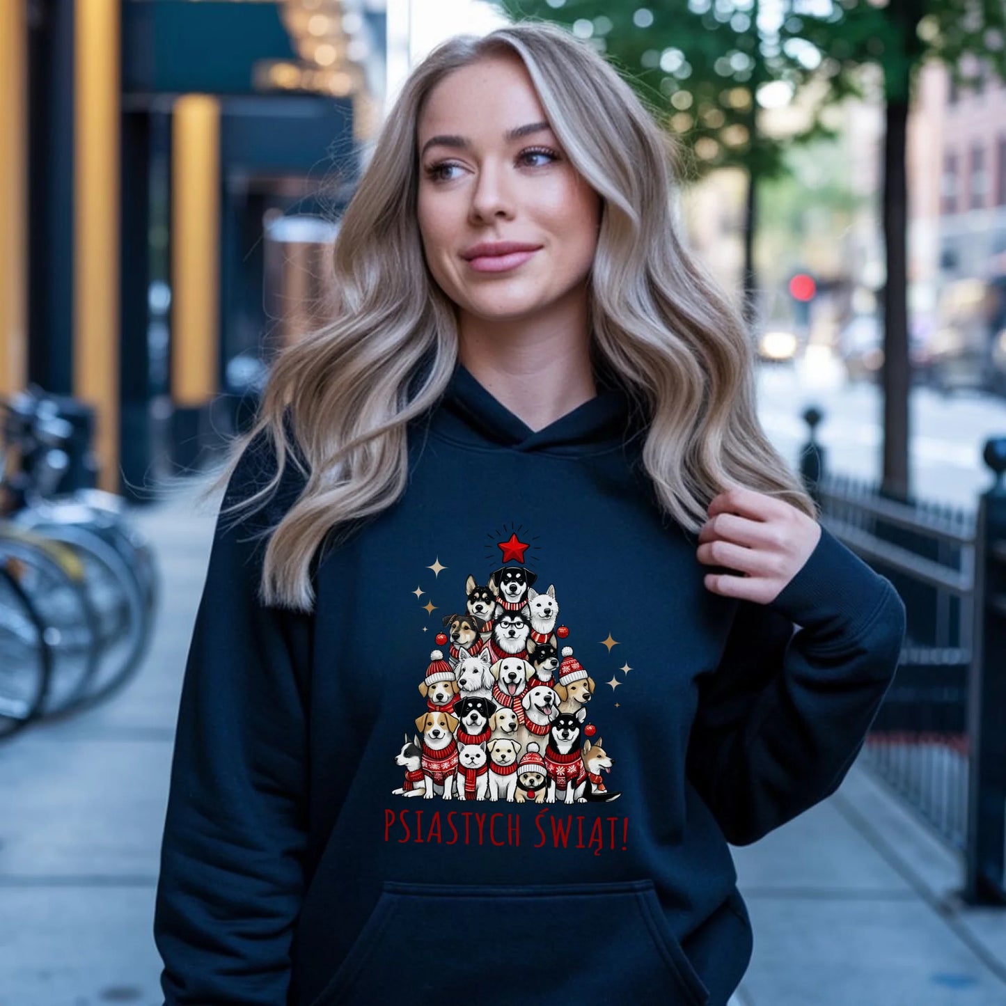 Bluza damska z kapturem świąteczna - Psia choinka Psiastych Świąt BN90 - StoryCups.pl