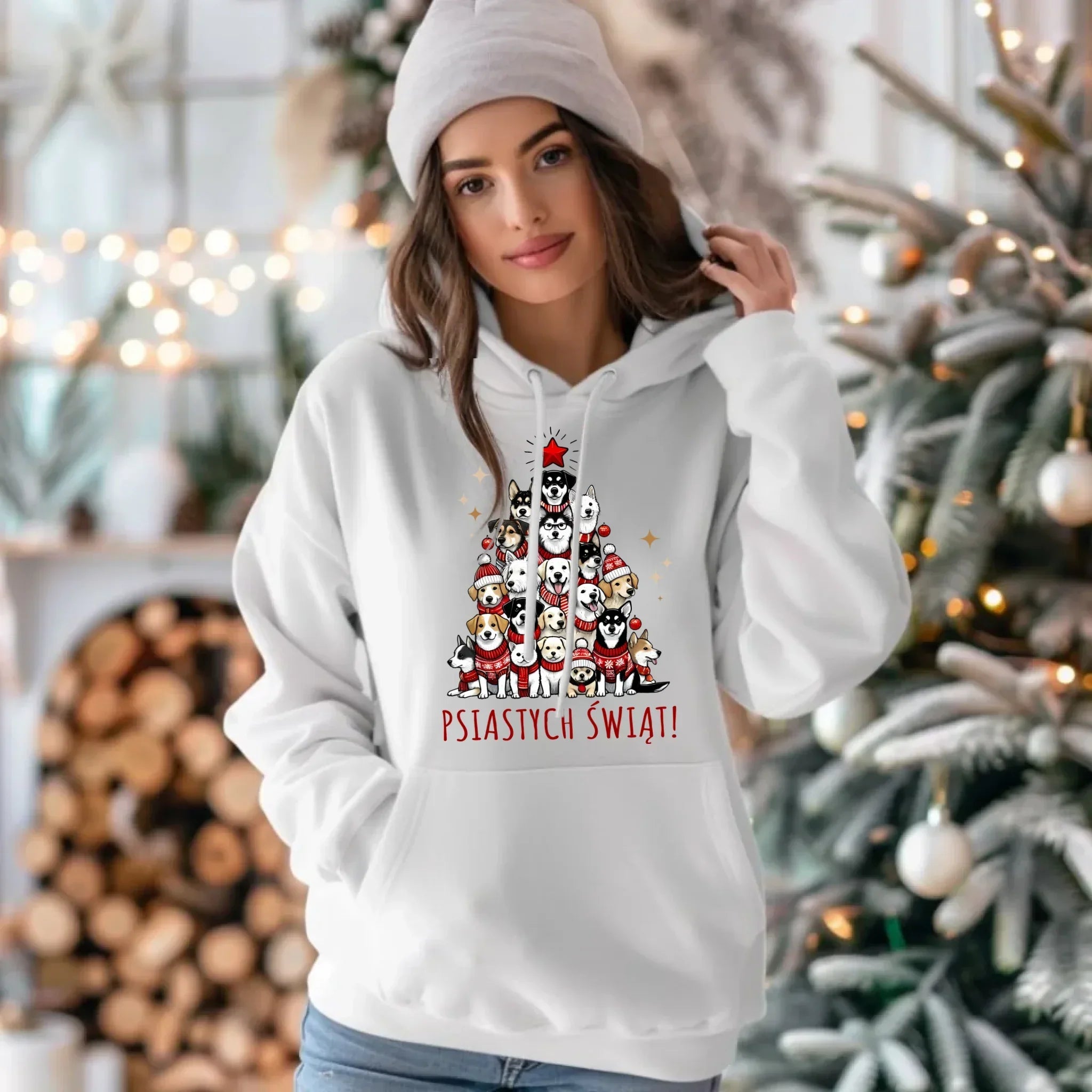Bluza damska z kapturem świąteczna - Psia choinka Psiastych Świąt BN90 - StoryCups.pl