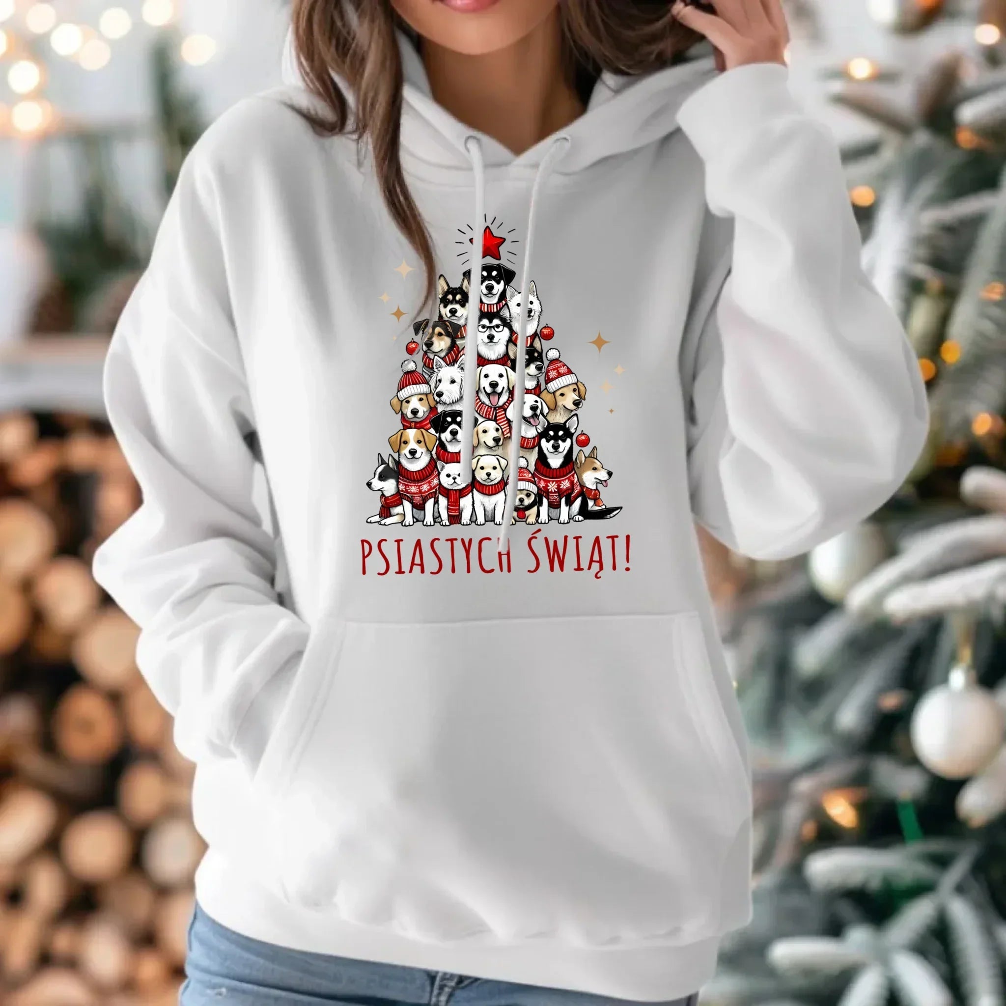 Bluza damska z kapturem świąteczna - Psia choinka Psiastych Świąt BN90 - StoryCups.pl