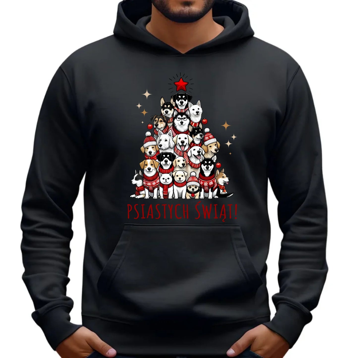 Bluza męska z kapturem świąteczna - Psia choinka Psiastych Świąt BN90 - StoryCups.pl