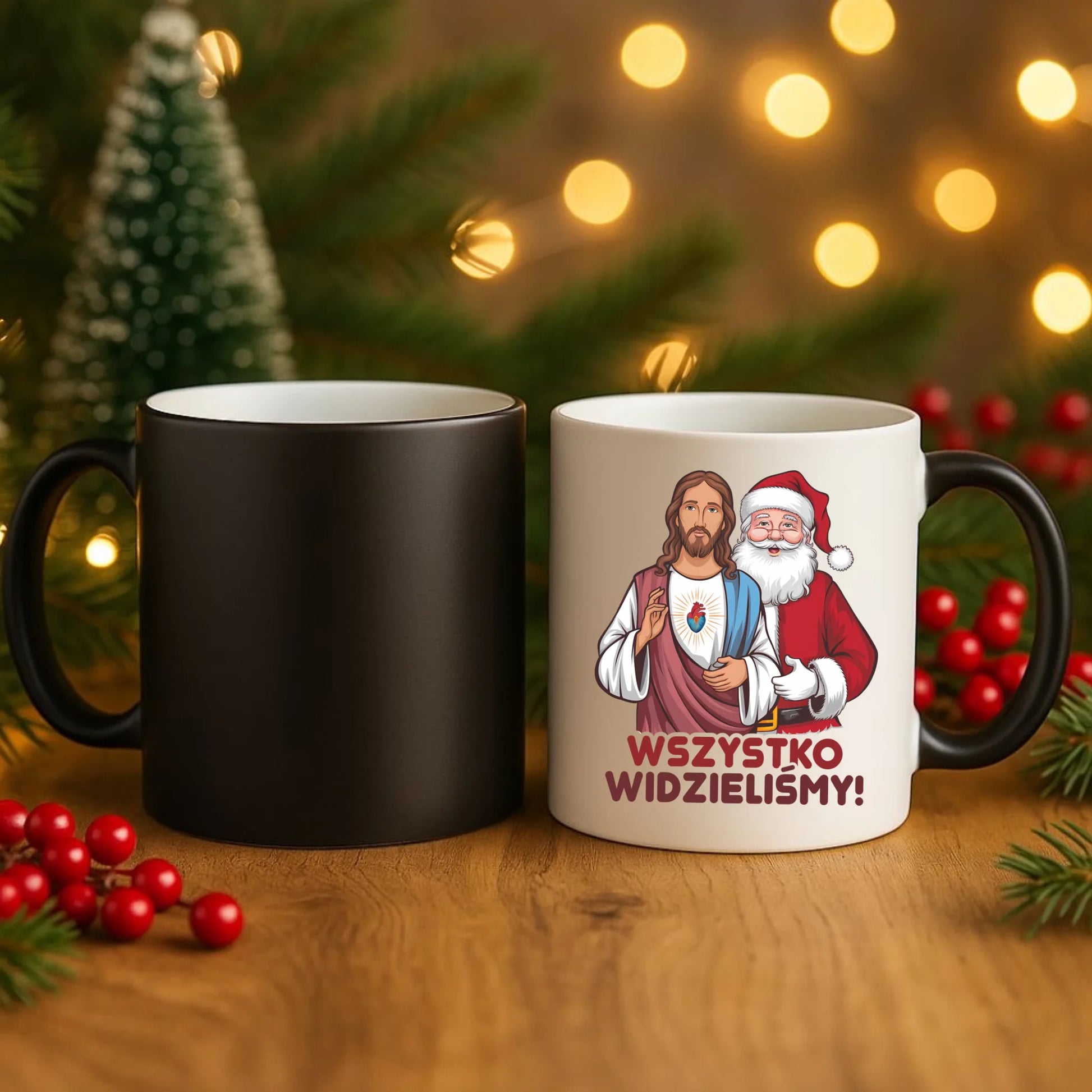 Kubek magiczny świąteczny - Jezus i Mikołaj Wszystko widzieliśmy BN89 - StoryCups.pl