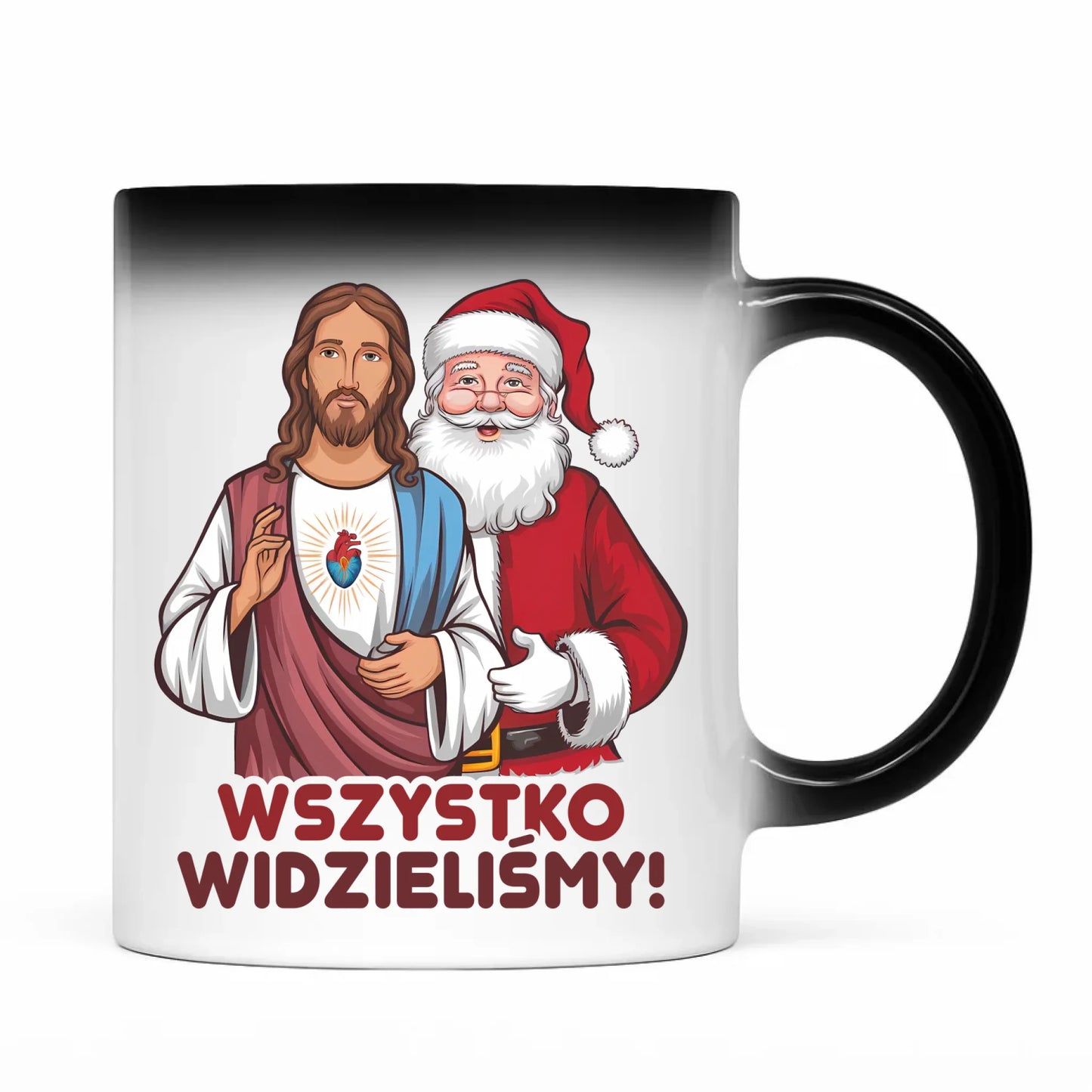 Kubek magiczny świąteczny - Jezus i Mikołaj Wszystko widzieliśmy BN89 - StoryCups.pl
