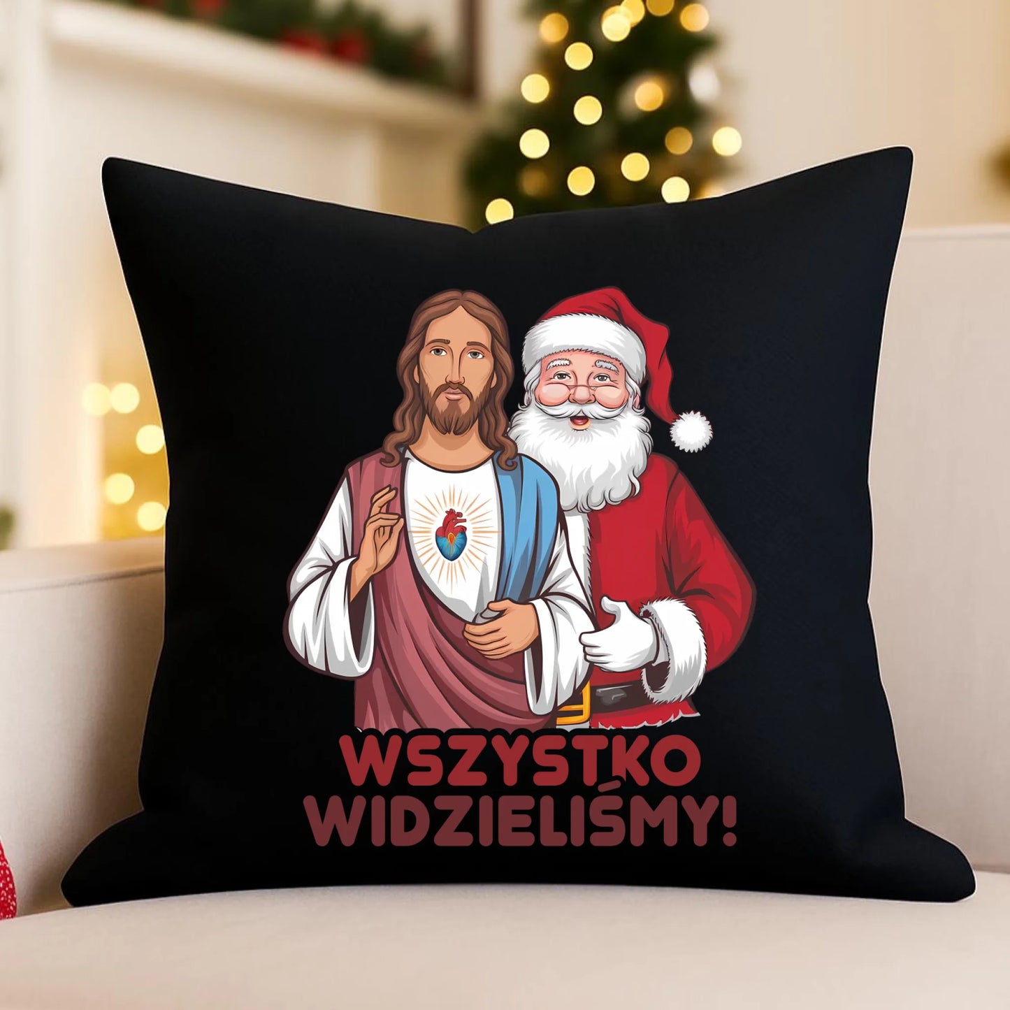 Poduszka dekoracyjna świąteczna - Jezus i Mikołaj Wszystko widzieliśmy BN89 - StoryCups.pl
