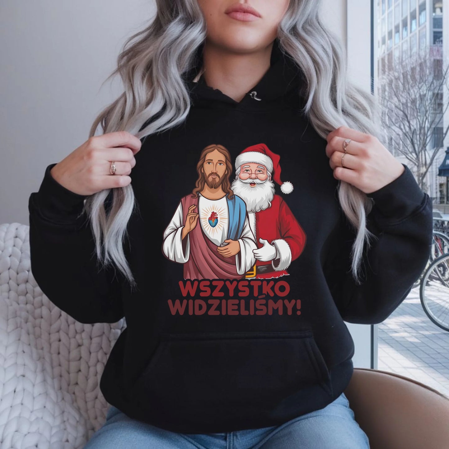Bluza damska z kapturem świąteczna - Jezus i Mikołaj Wszystko widzieliśmy BN89 - StoryCups.pl