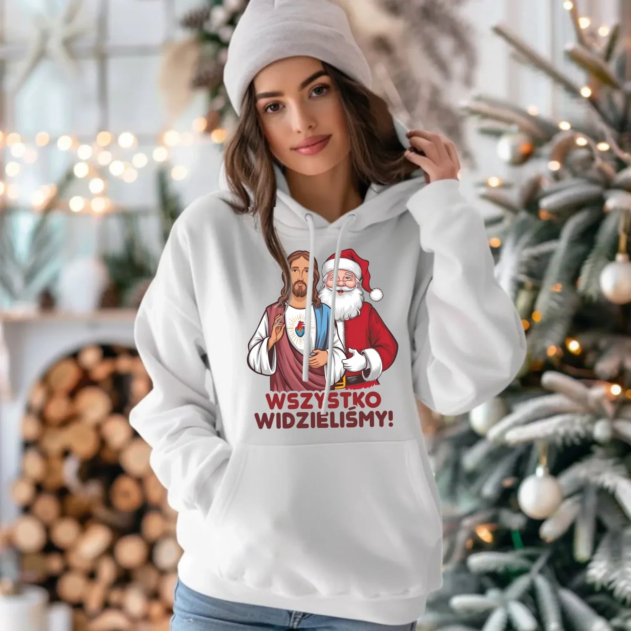 Bluza damska z kapturem świąteczna - Jezus i Mikołaj Wszystko widzieliśmy BN89 - StoryCups.pl
