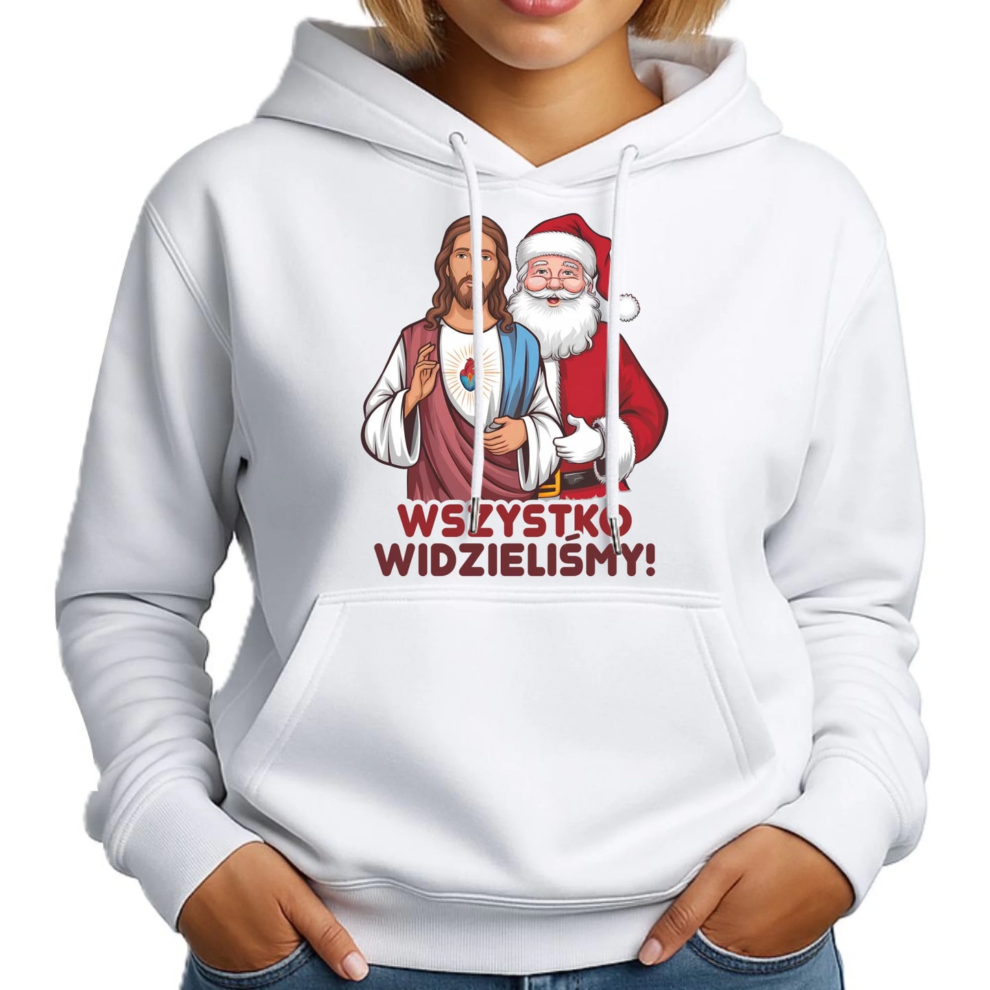 Bluza damska z kapturem świąteczna - Jezus i Mikołaj Wszystko widzieliśmy BN89 - StoryCups.pl