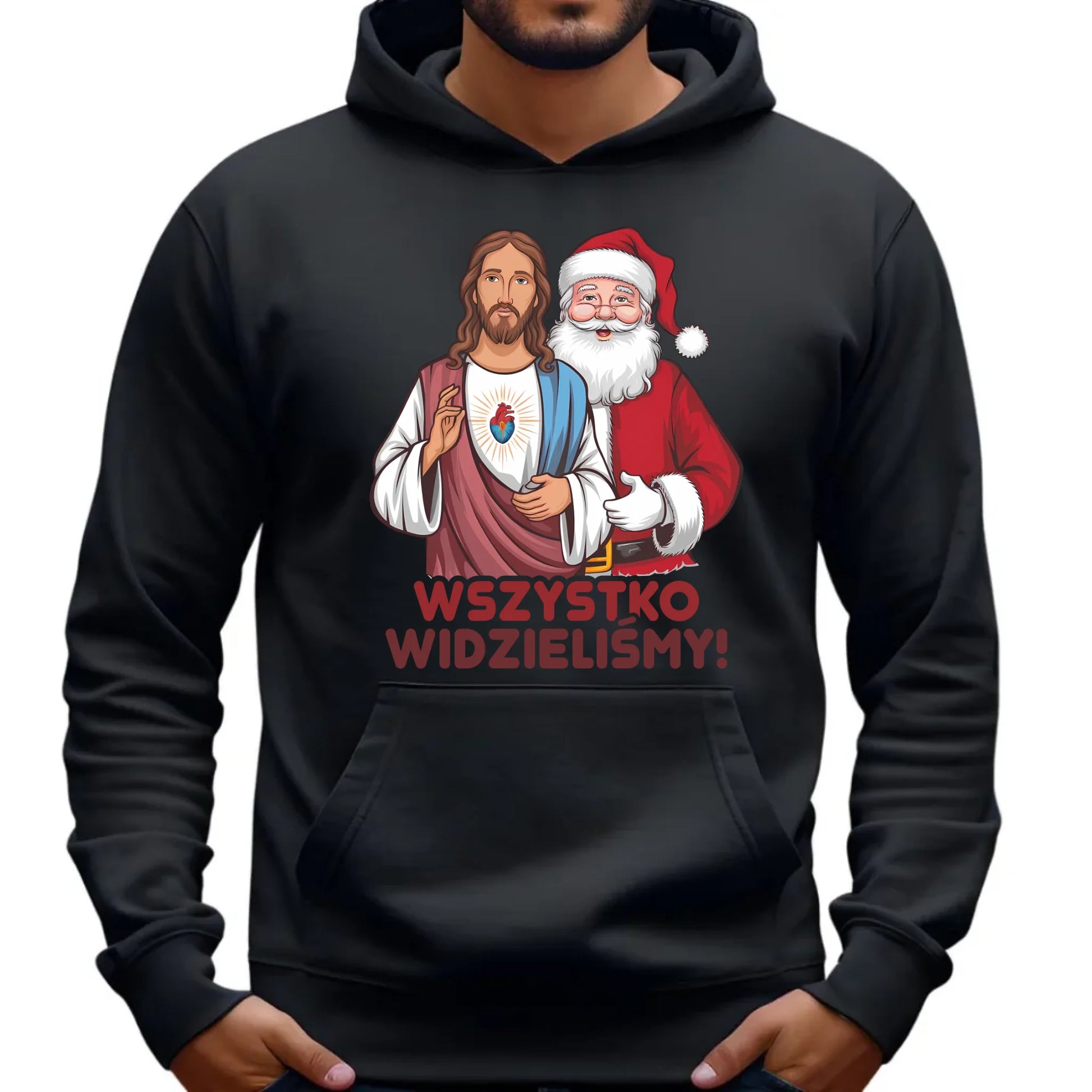 Bluza męska z kapturem świąteczna - Jezus i Mikołaj Wszystko widzieliśmy BN89 - StoryCups.pl