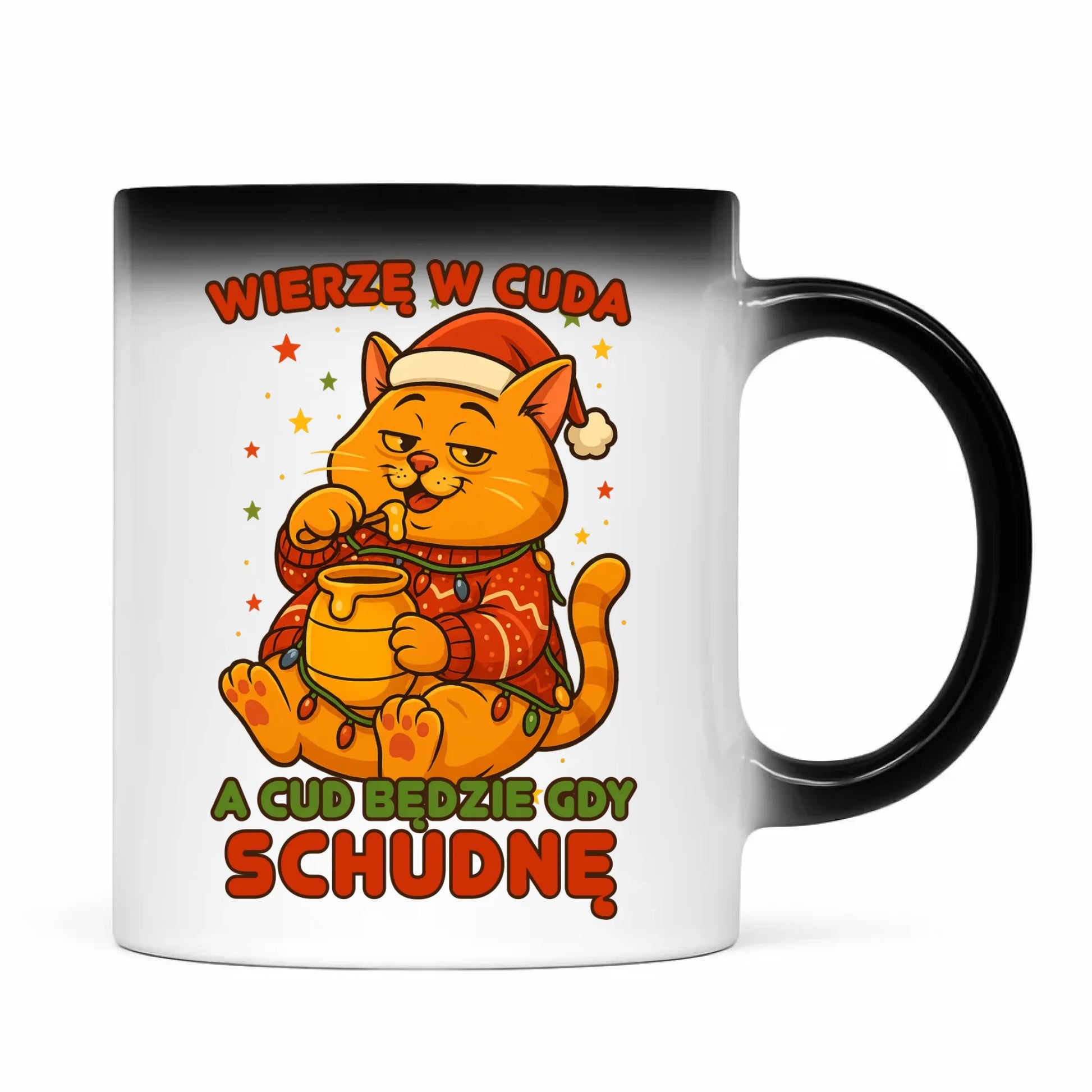 Kubek magiczny świąteczny - Wierzę w cuda, a cud będzie gdy schudnę BN88 - StoryCups.pl