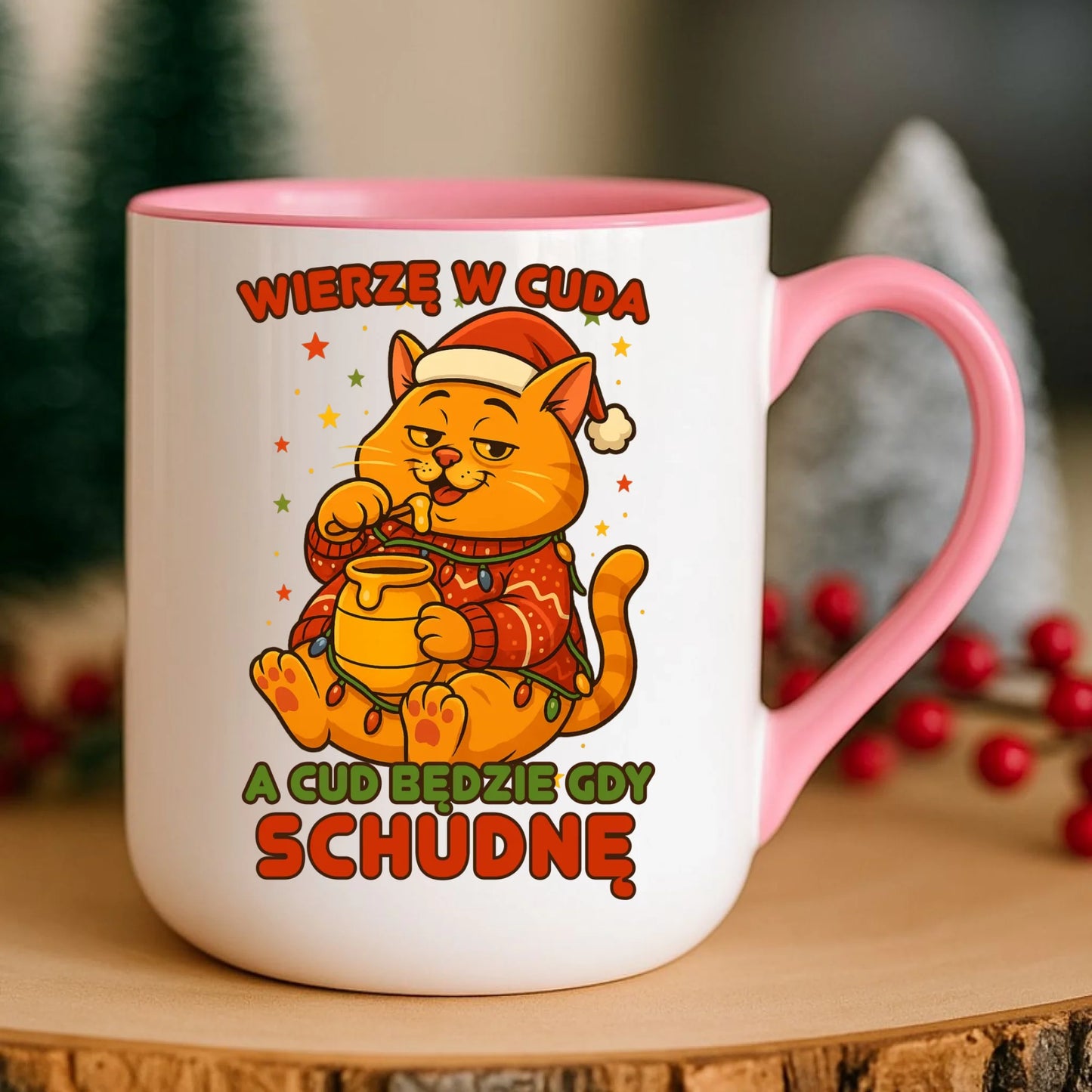 Kubek elegant świąteczny - Wierzę w cuda, a cud będzie gdy schudnę BN88 - StoryCups.pl