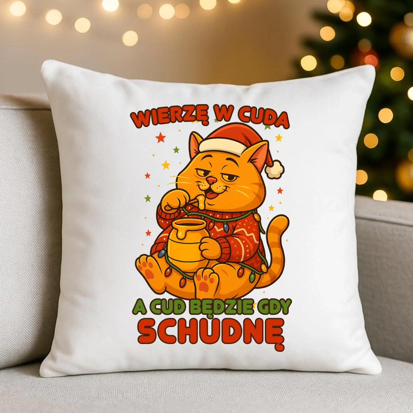 Poduszka świąteczna - Wierzę w cuda, a cud będzie gdy schudnę BN88 - StoryCups.pl