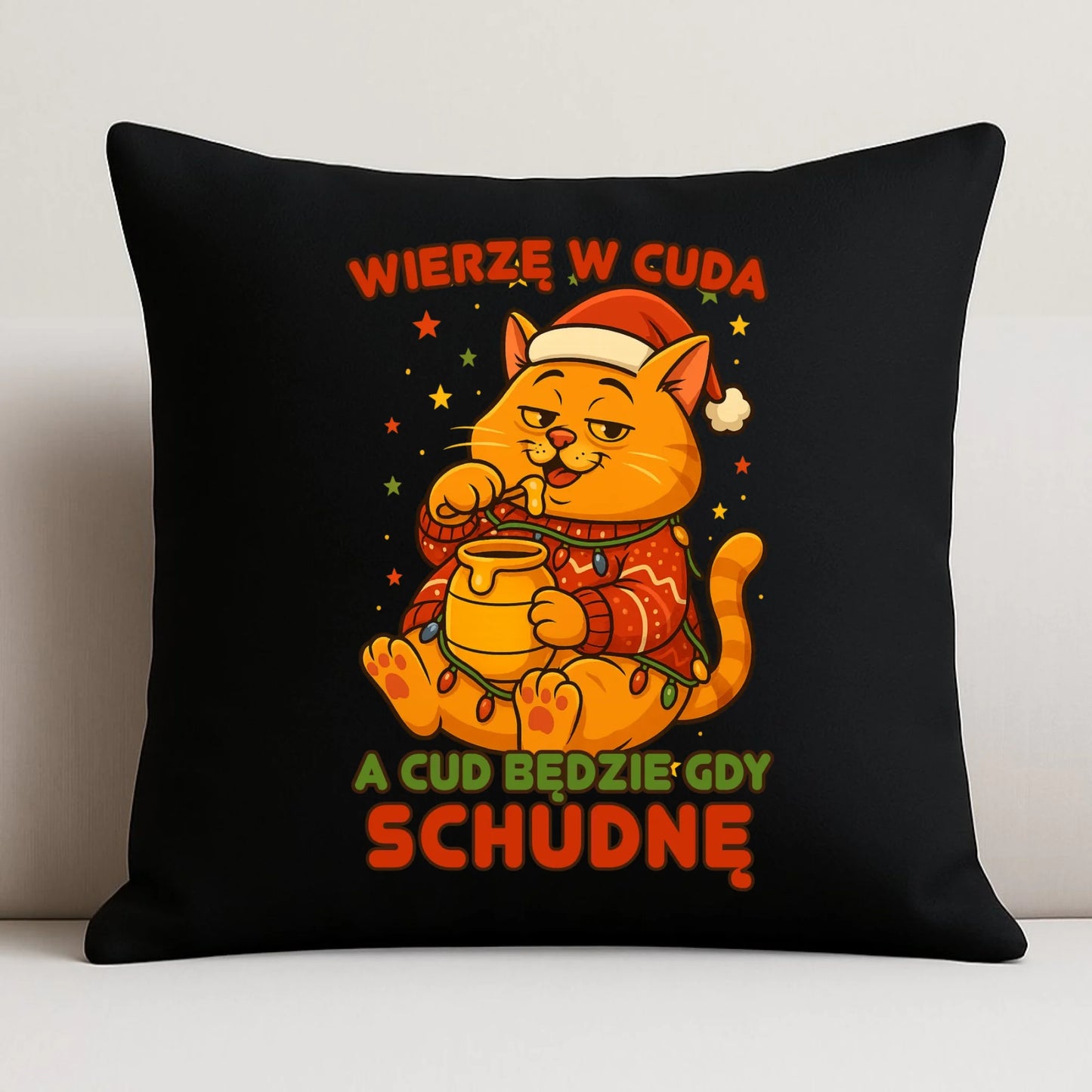 Poduszka dekoracyjna świąteczna - Wierzę w cuda, a cud będzie gdy schudnę BN88 - StoryCups.pl