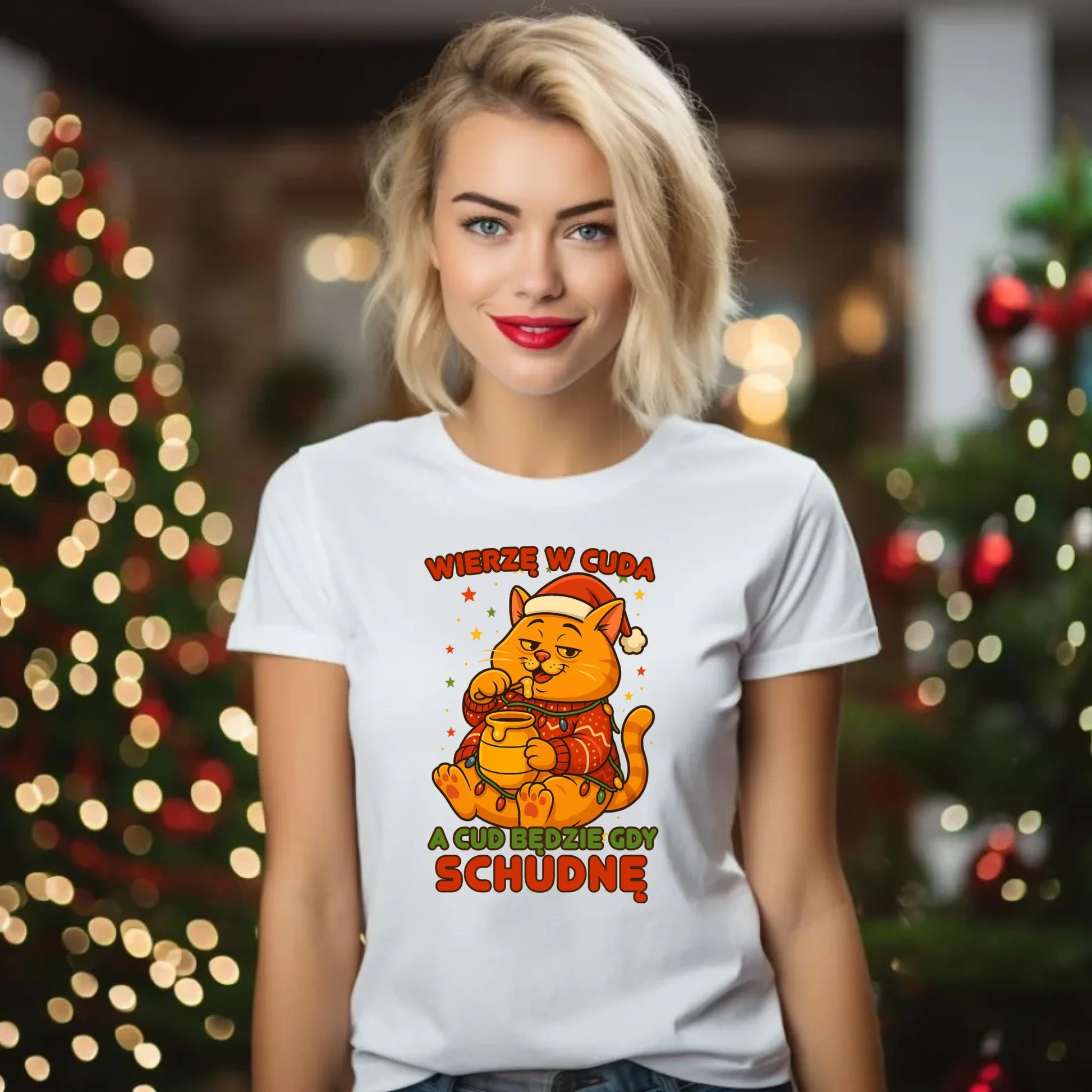 Koszulka damska świąteczna - Wierzę w cuda, a cud będzie gdy schudnę BN88 - StoryCups.pl