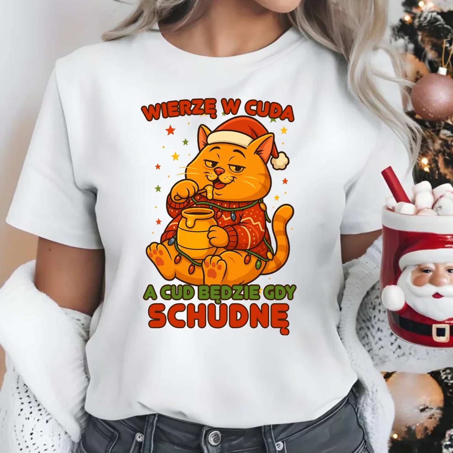 Koszulka damska świąteczna - Wierzę w cuda, a cud będzie gdy schudnę BN88 - StoryCups.pl