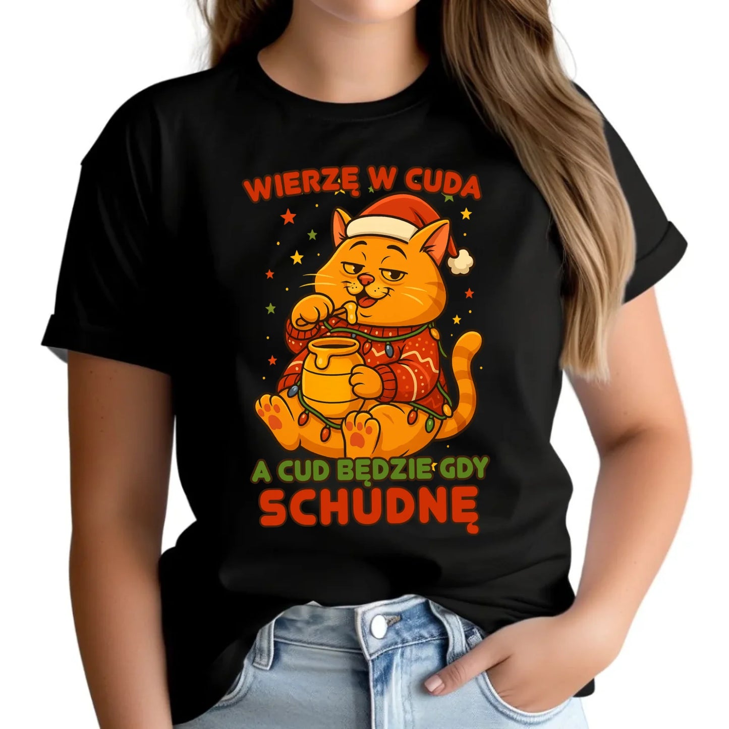 Koszulka damska świąteczna - Wierzę w cuda, a cud będzie gdy schudnę BN88 - StoryCups.pl