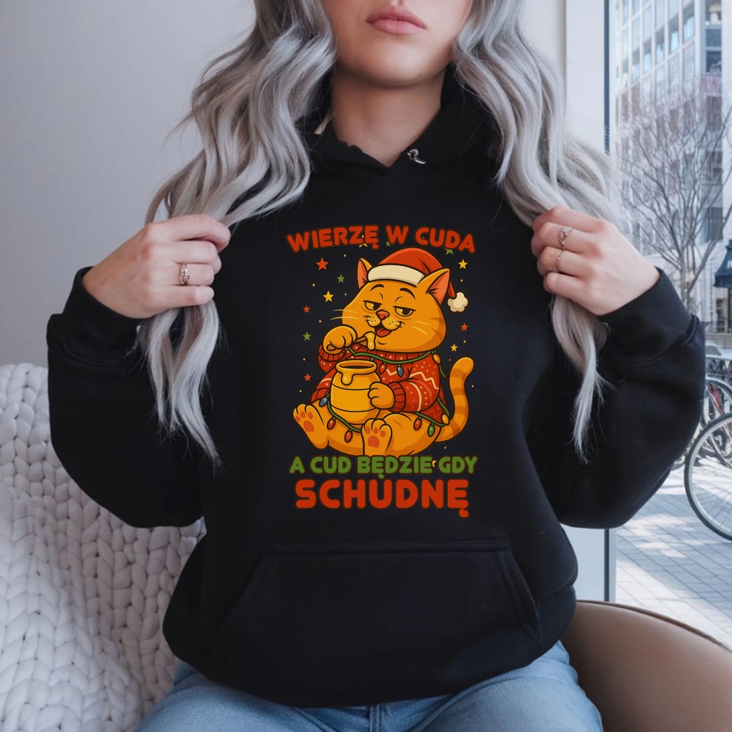 Bluza damska z kapturem świąteczna - Wierzę w cuda, a cud będzie gdy schudnę BN88 - StoryCups.pl