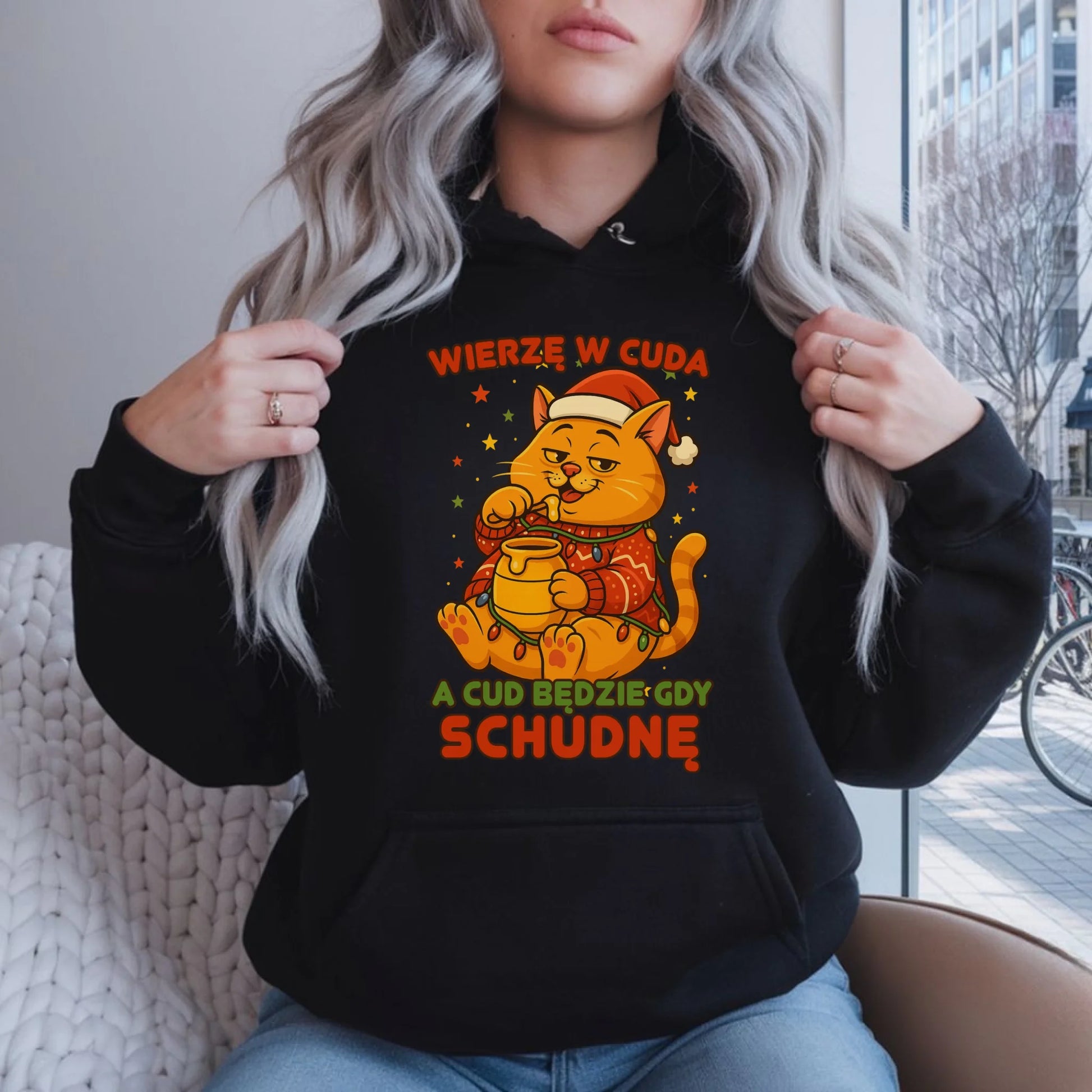Bluza damska z kapturem świąteczna - Wierzę w cuda, a cud będzie gdy schudnę BN88 - StoryCups.pl